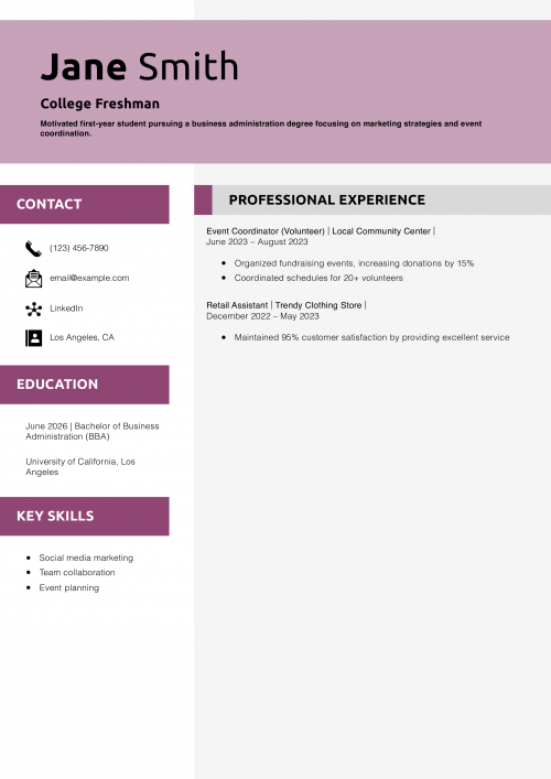 College Freshman Resume Example