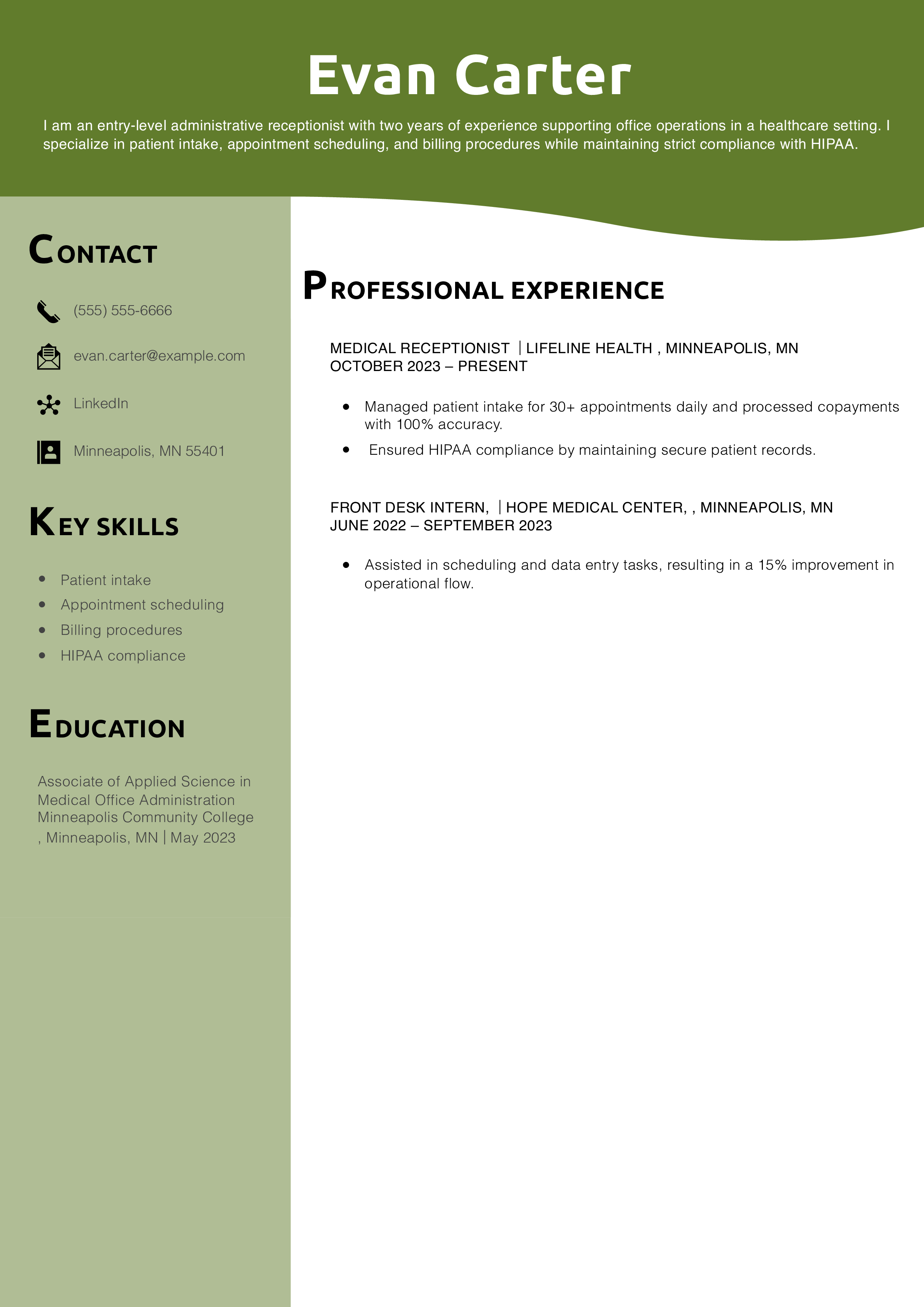 Administrative Receptionist Resume Example