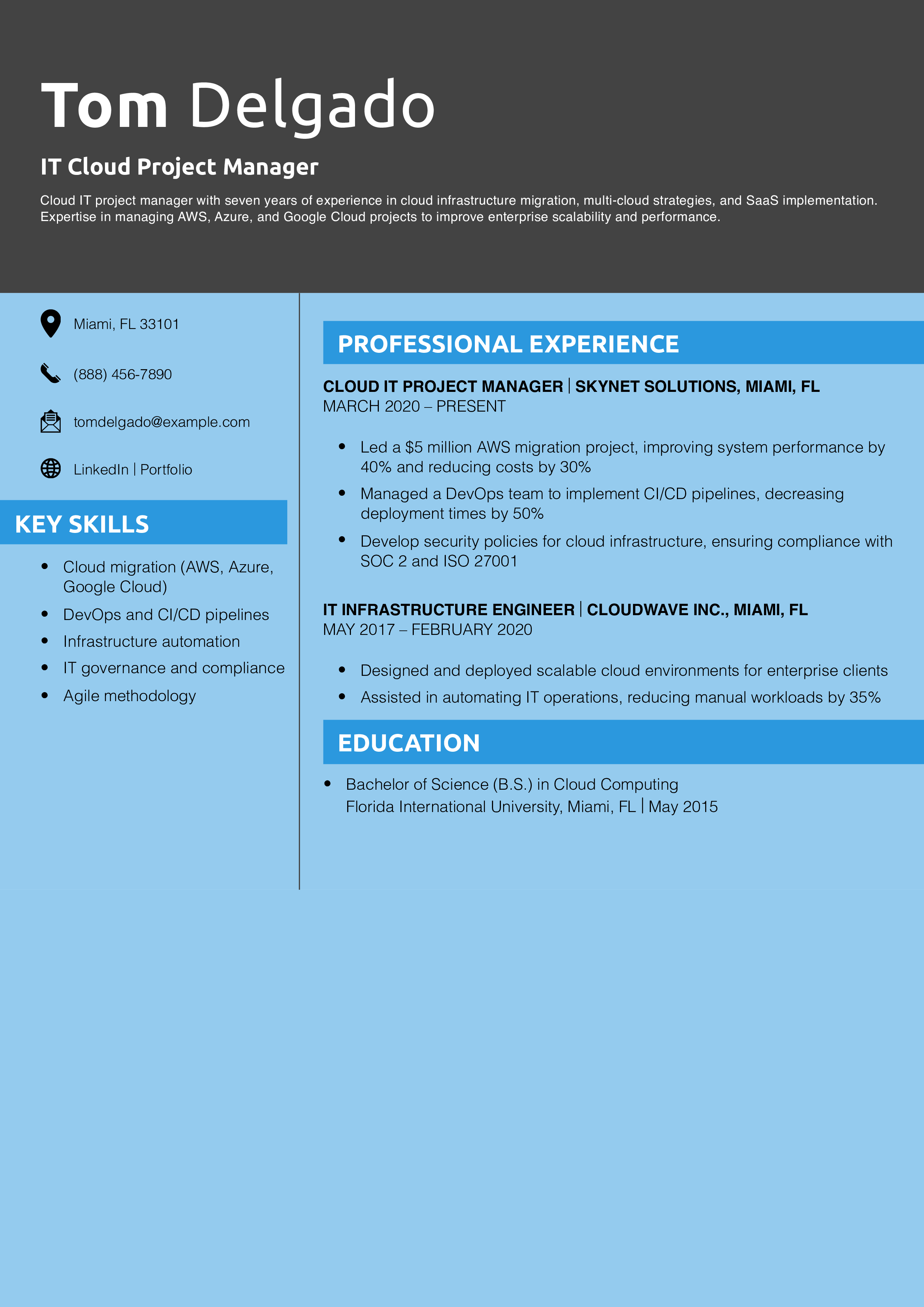 IT Cloud Project Manager Resume Example