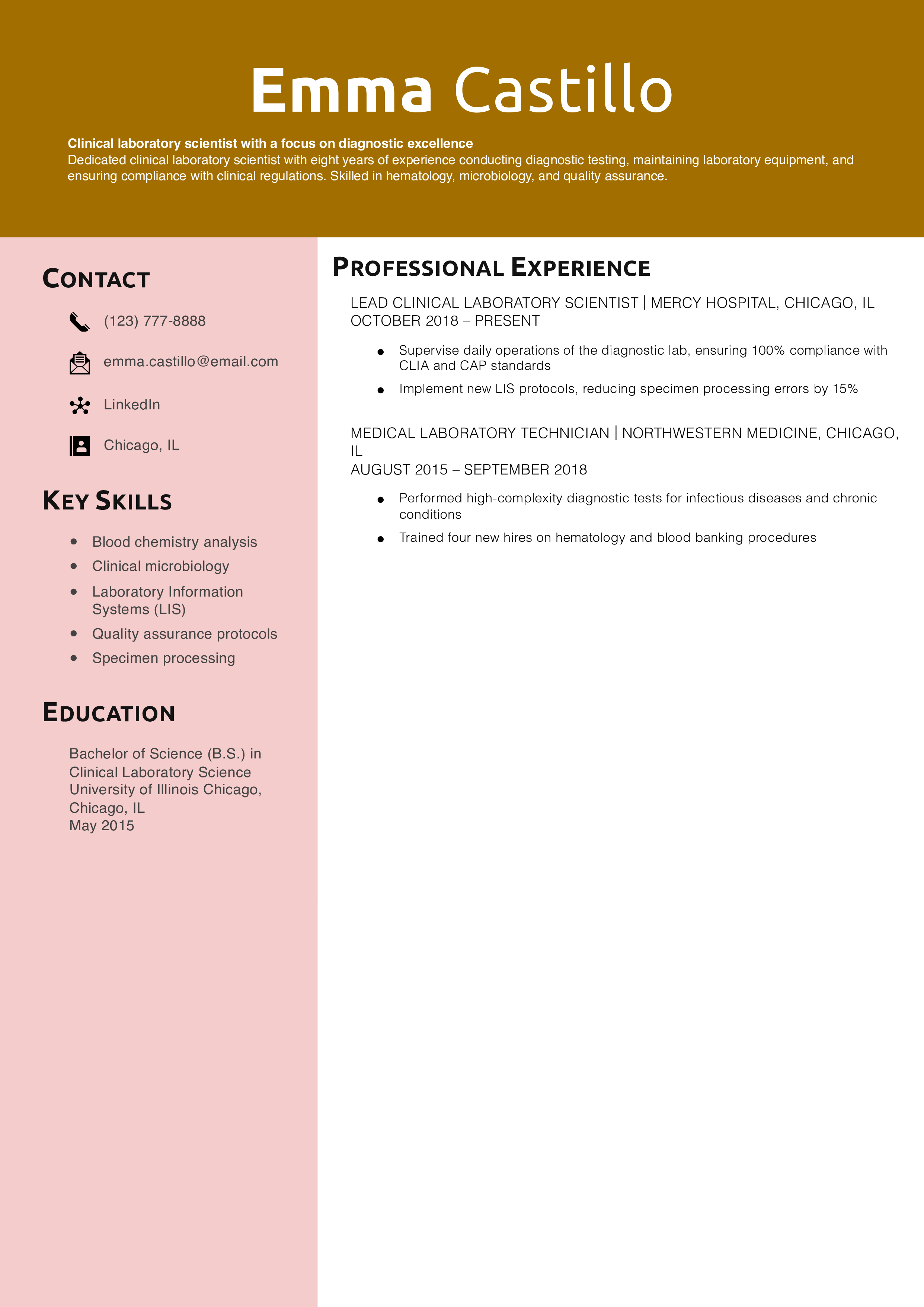 Clinical Laboratory Scientist Resume Example