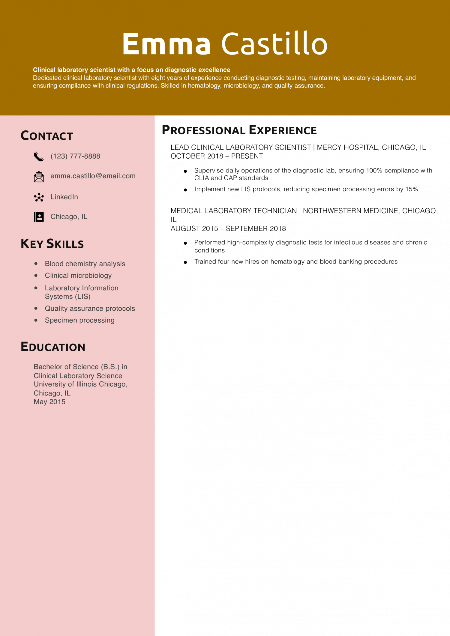 Clinical Laboratory Scientist Resume Example