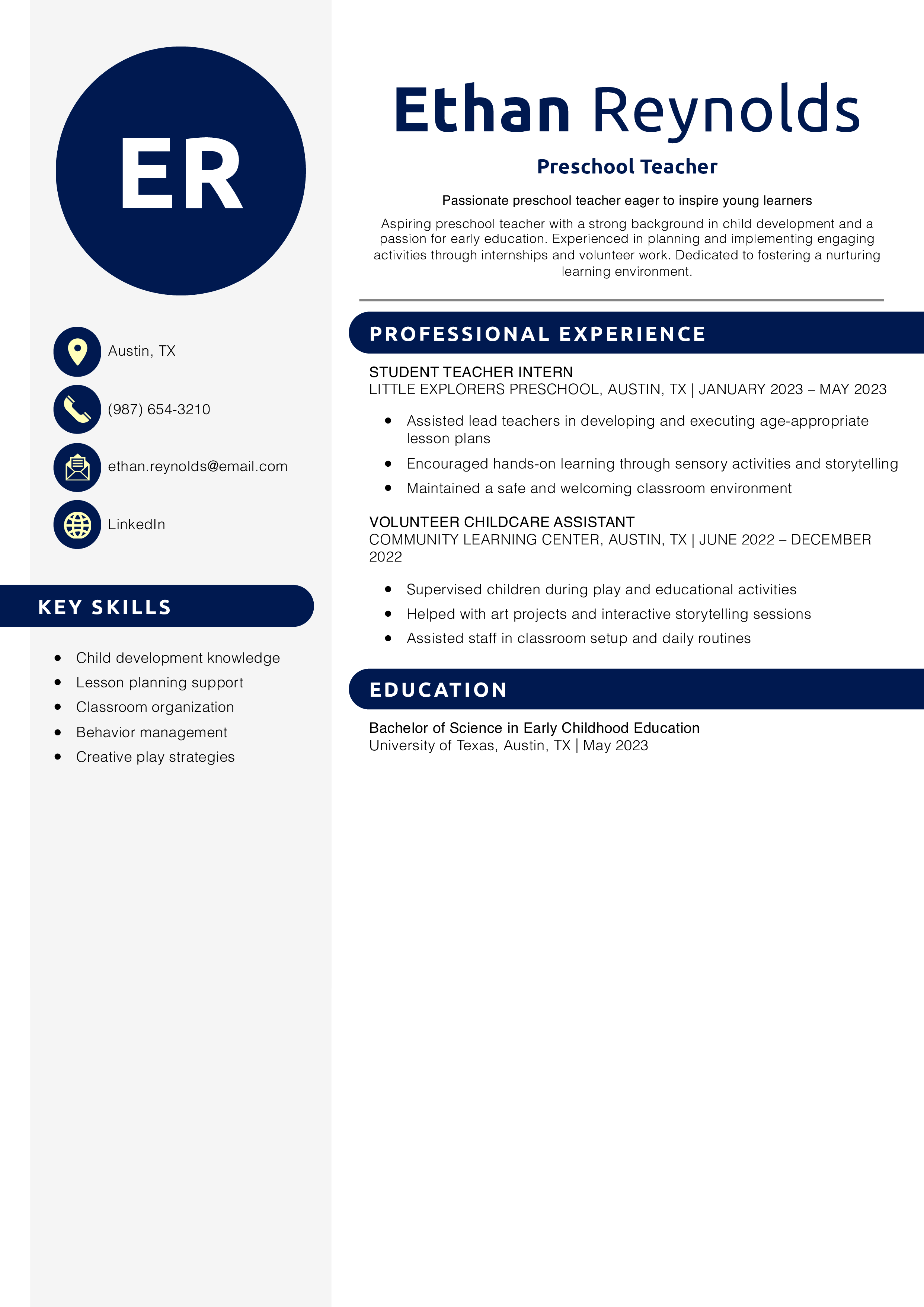 Preschool Teacher Resume With No Experience
