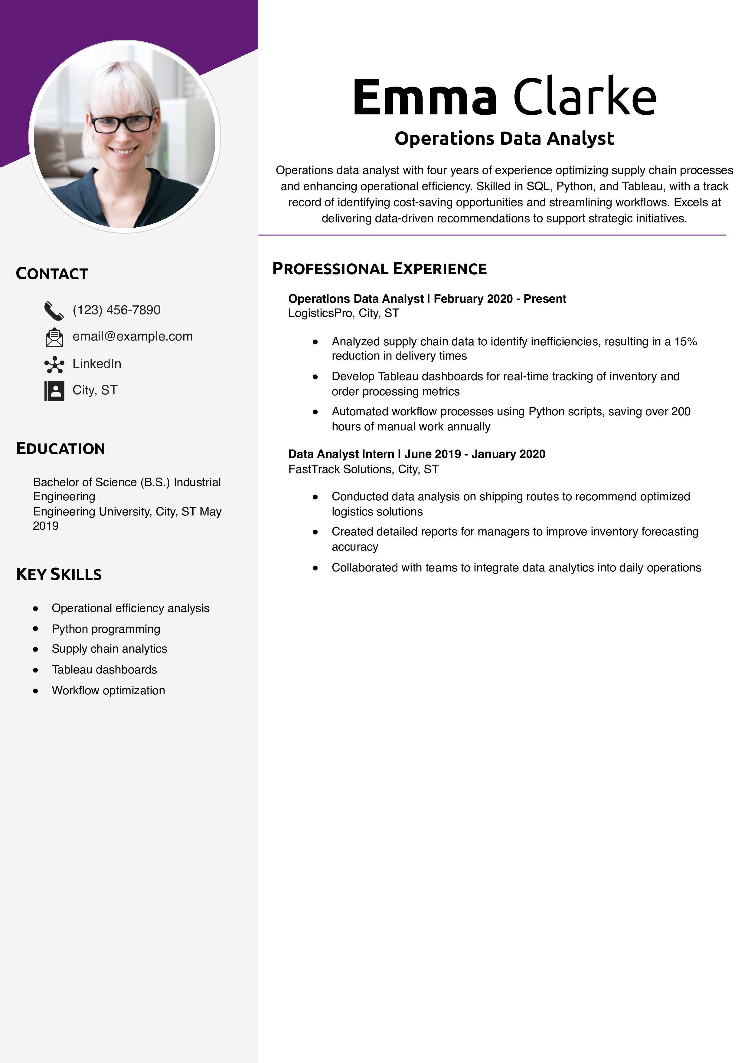 Operations Data Analyst Resume Example