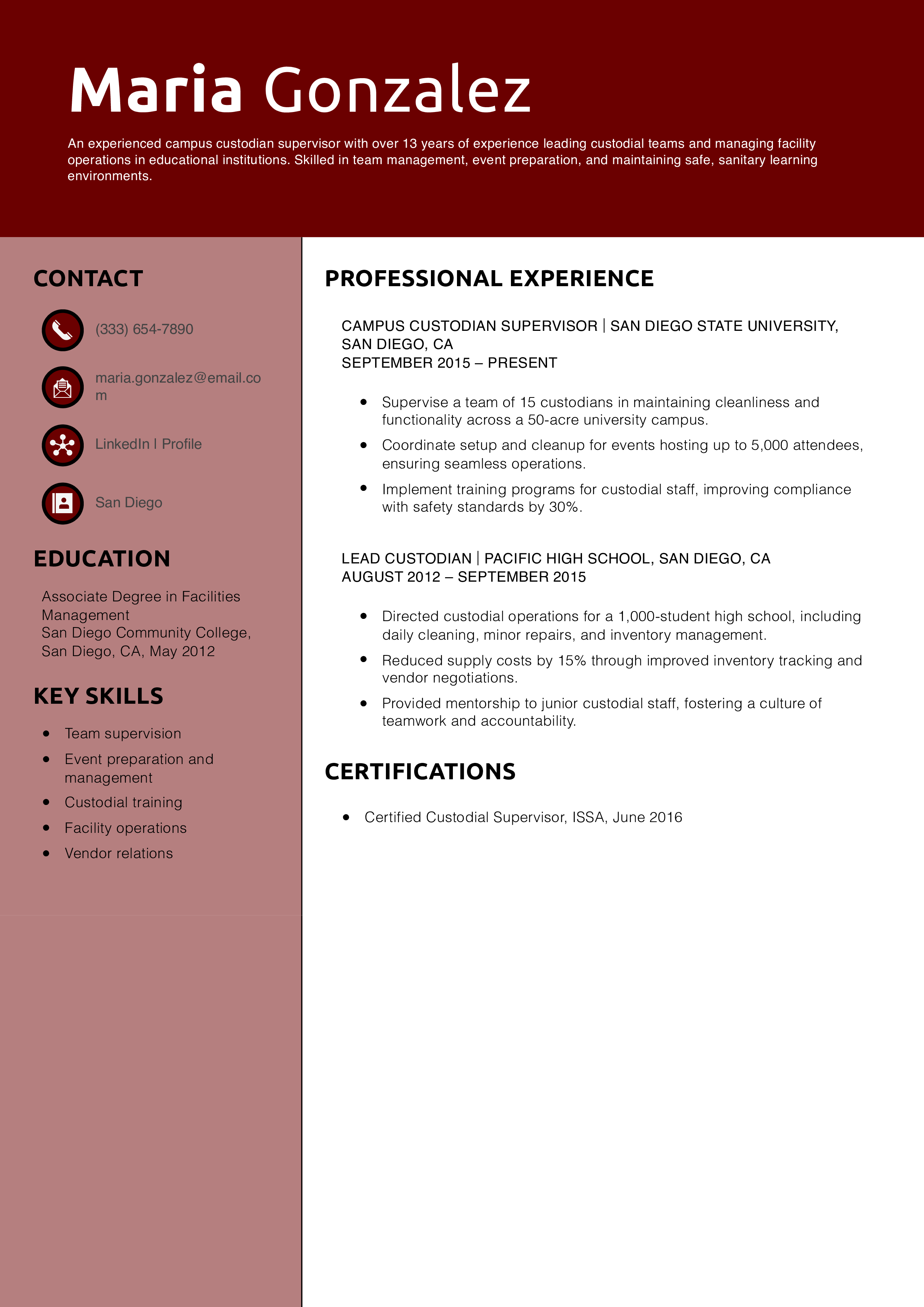 Campus Custodian Supervisor Resume Example