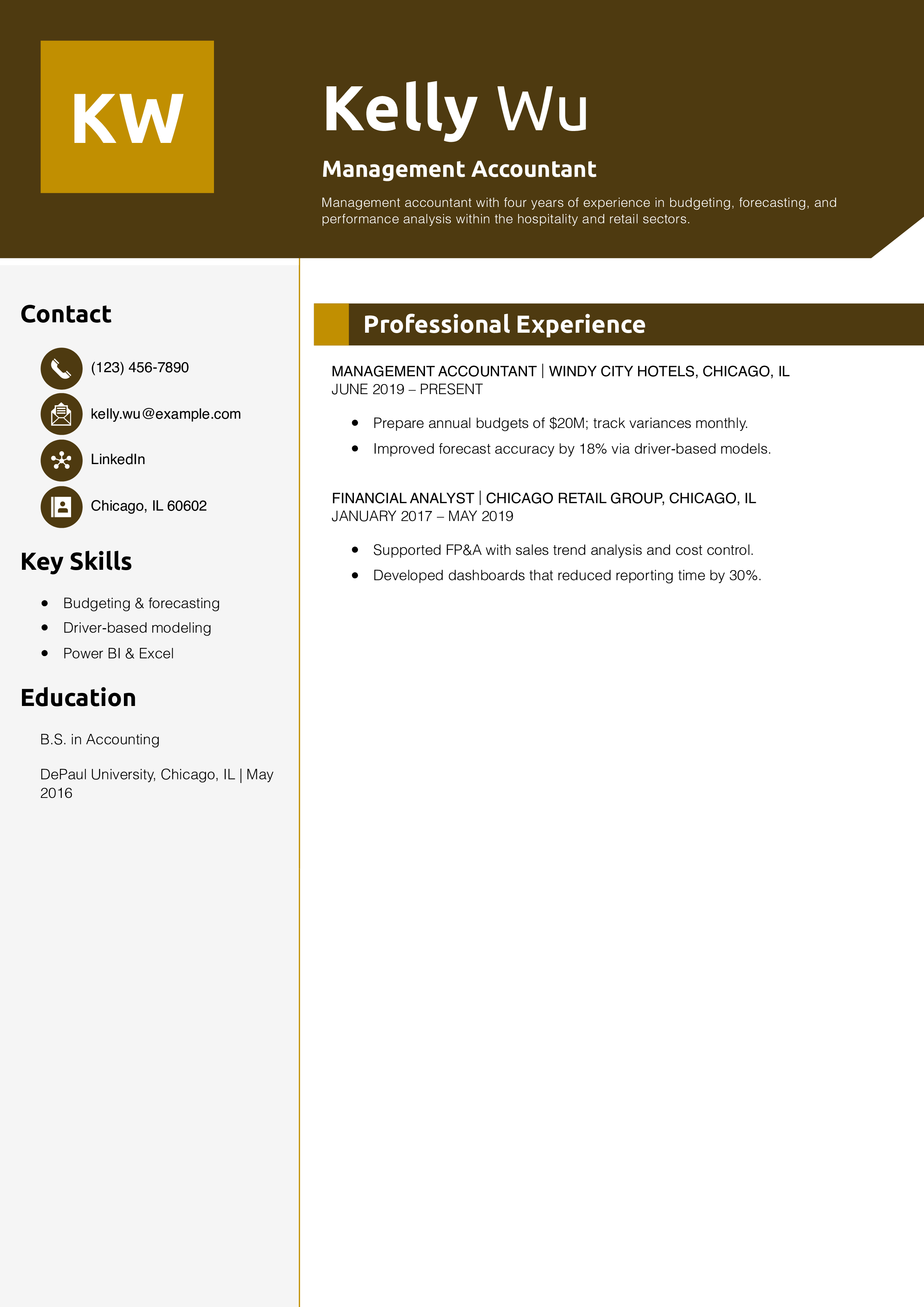Management Accountant Resume Example
