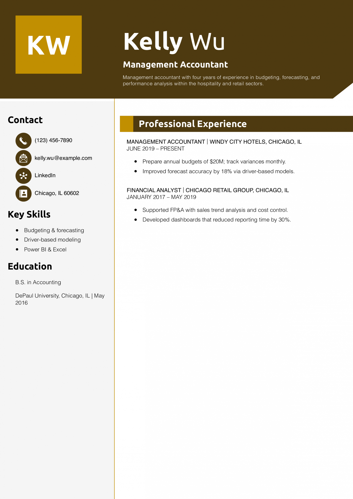 Management Accountant Resume Example
