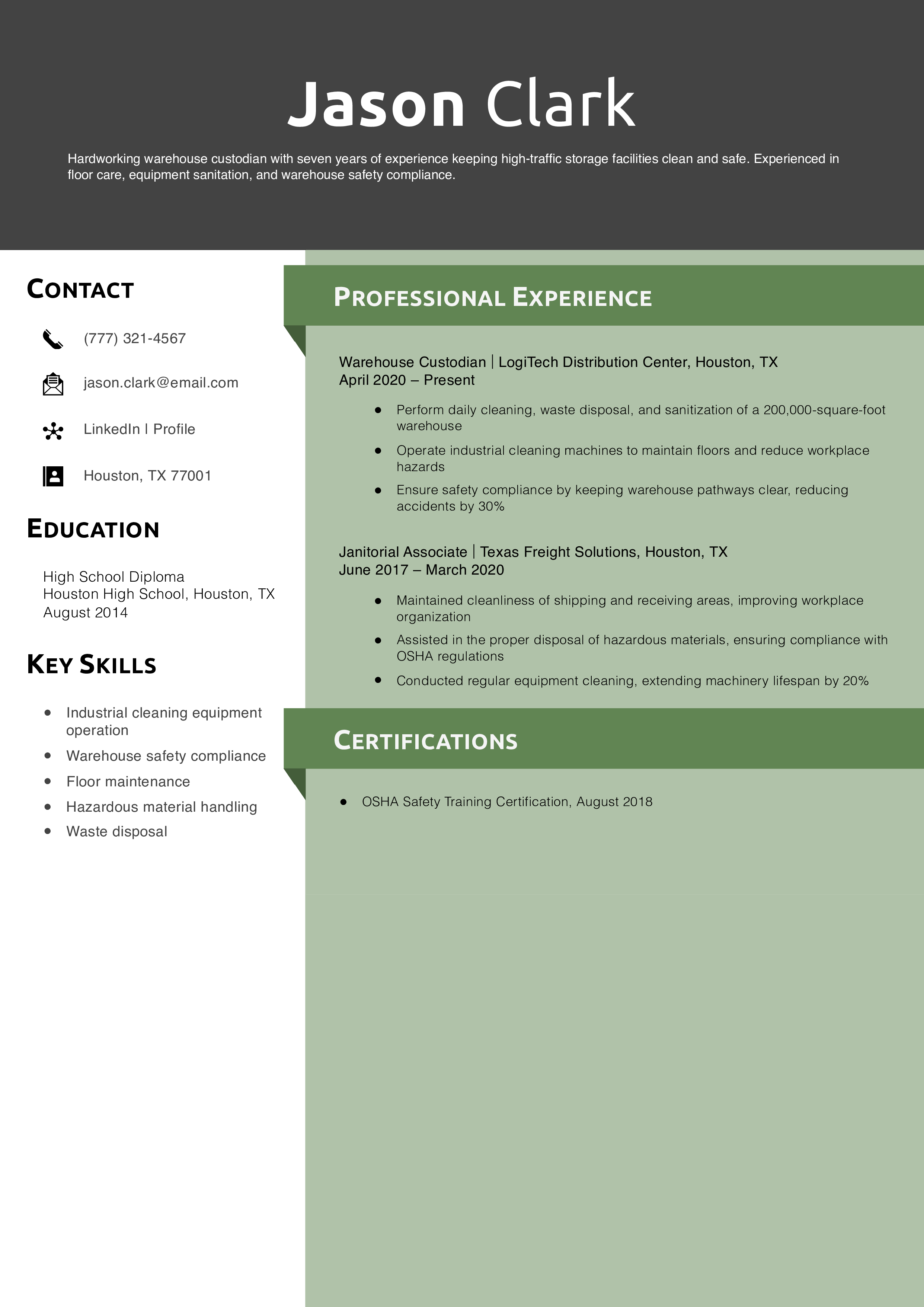 Warehouse Custodian Resume Example