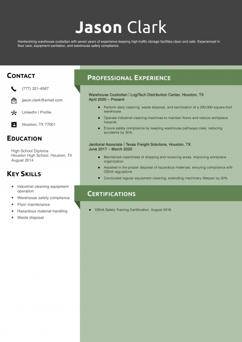 Warehouse Custodian Resume Example