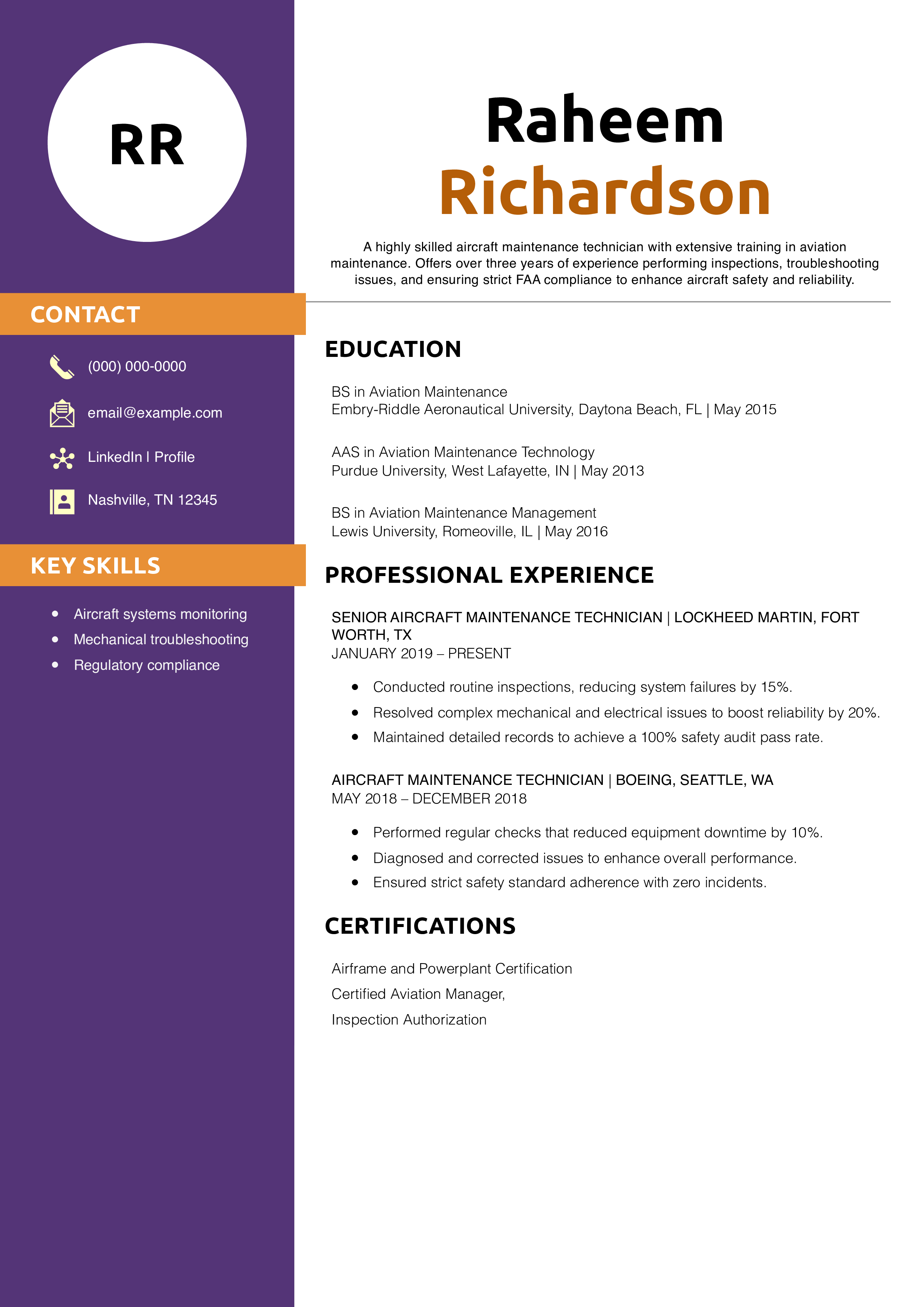 Aircraft Maintenance Technician Resume Example