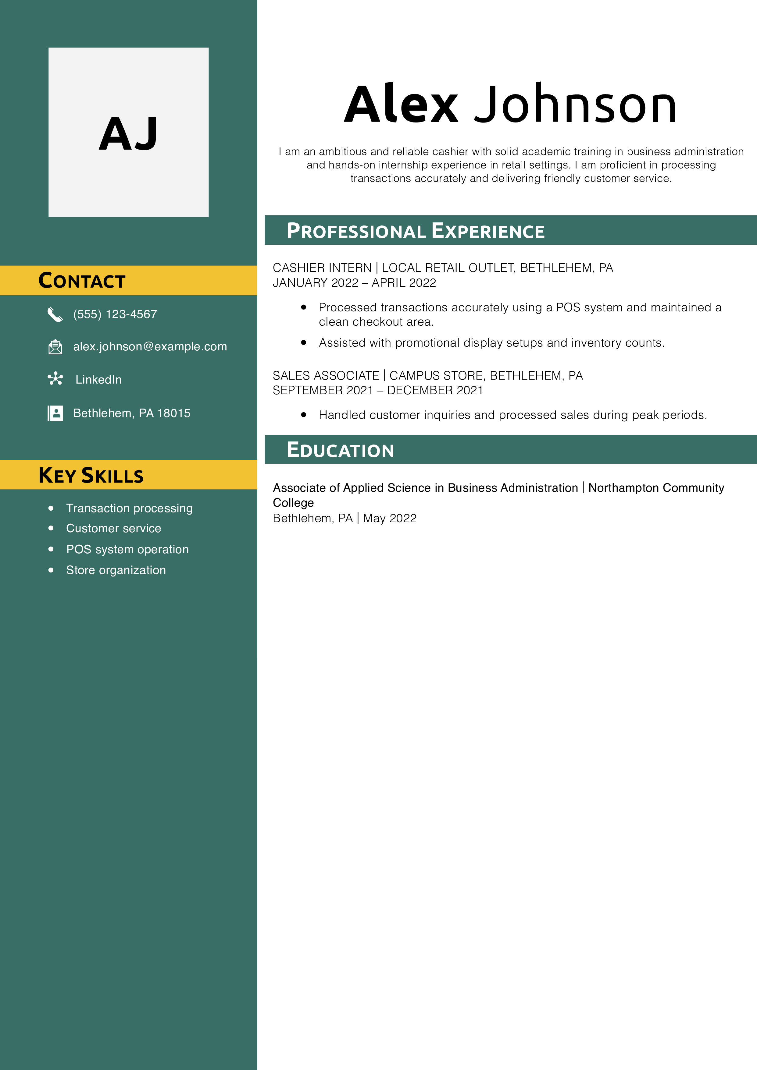 Entry-Level Cashier Resume Example