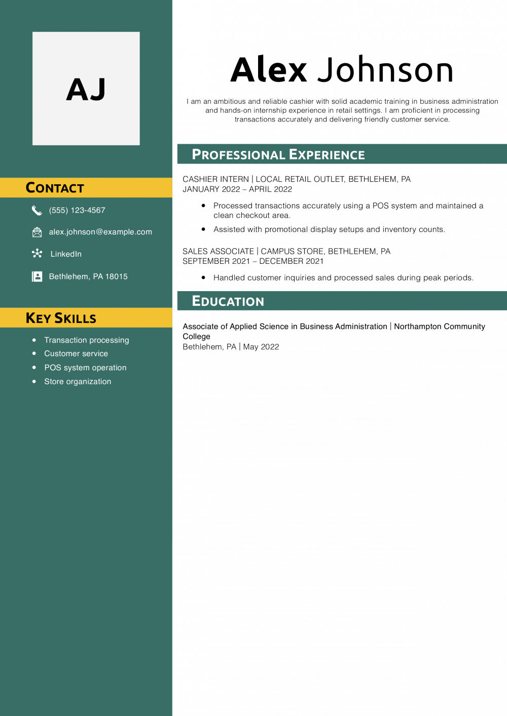 Entry-Level Cashier Resume Example