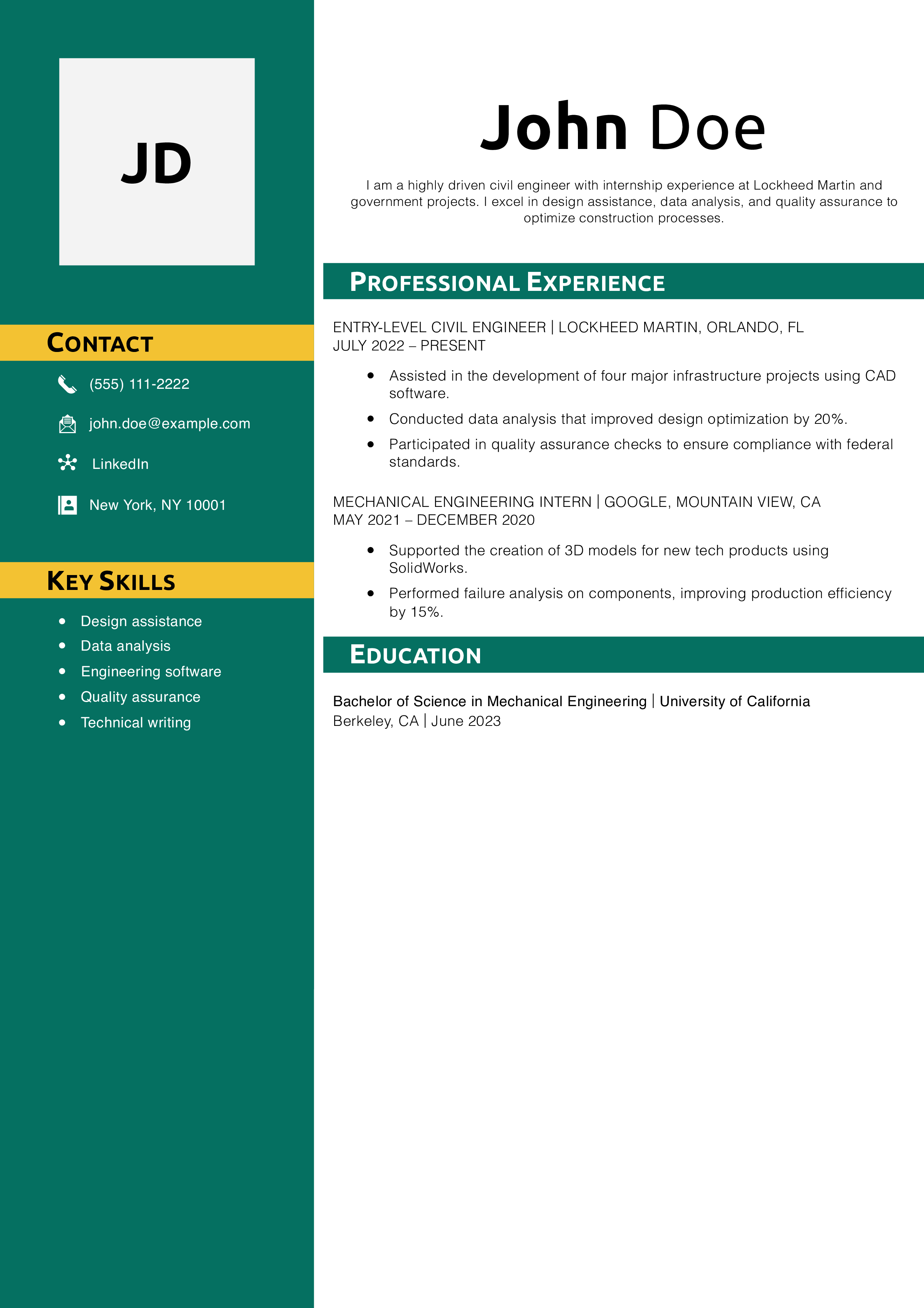 Entry-Level Civil Engineer Resume Example