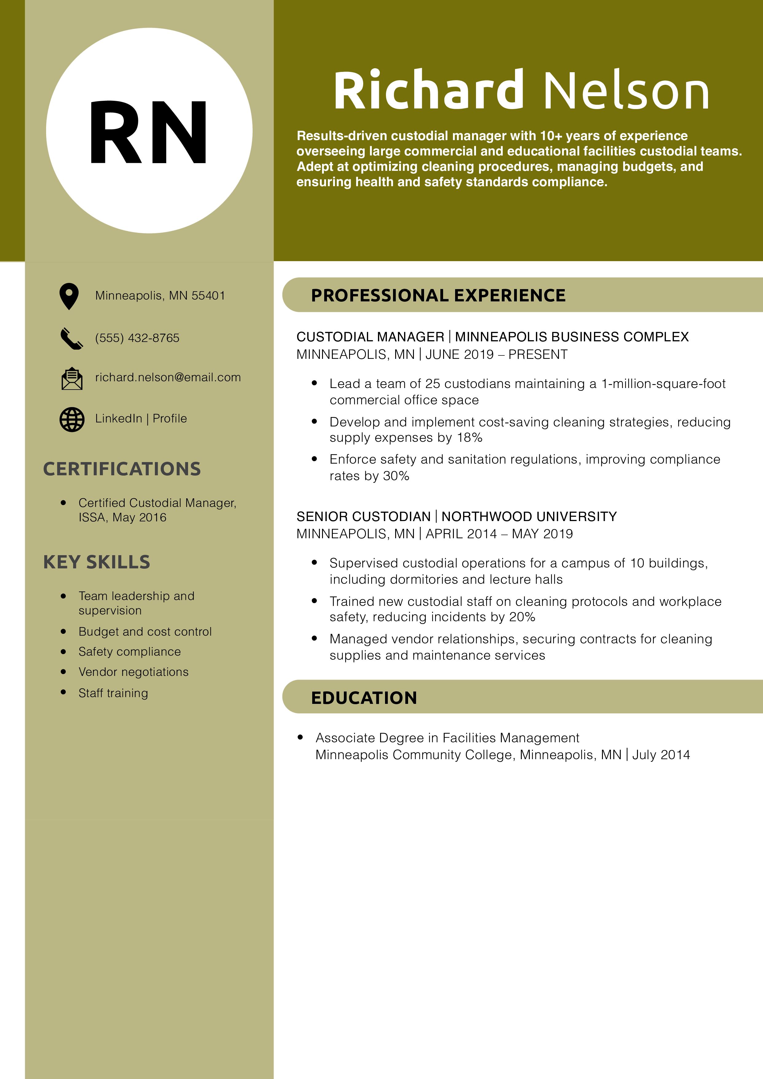 Custodial Manager Resume Example