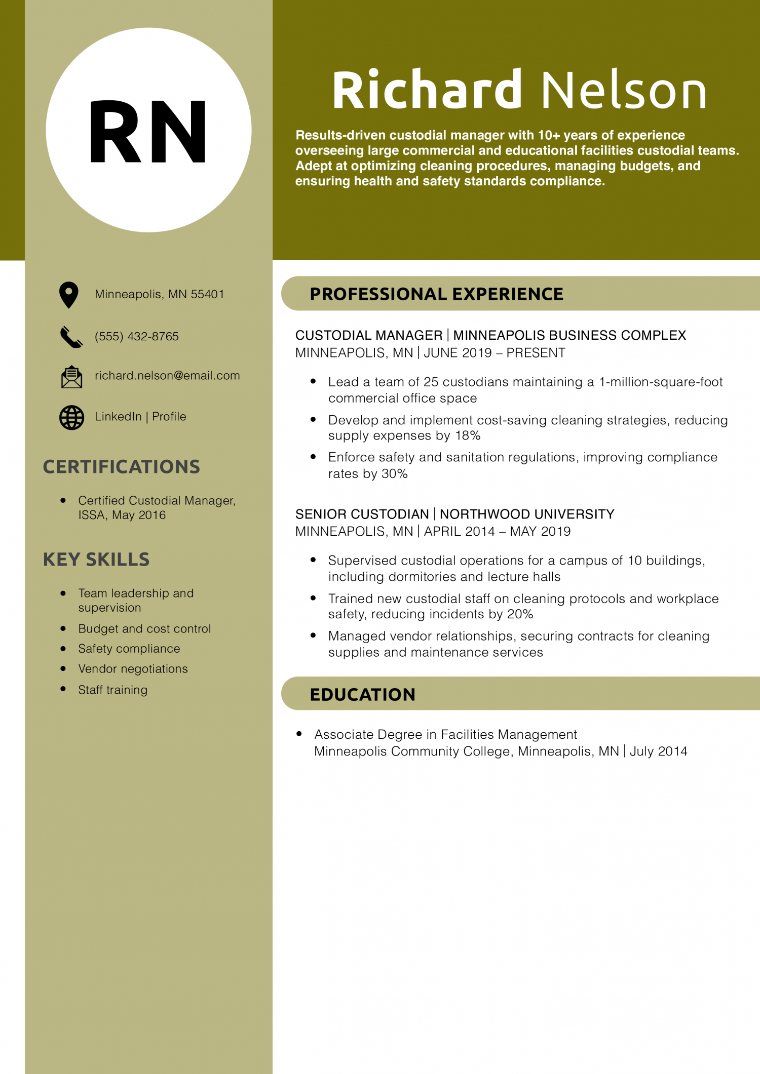 Custodial Manager Resume Example