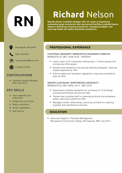 Custodial Manager Resume Example