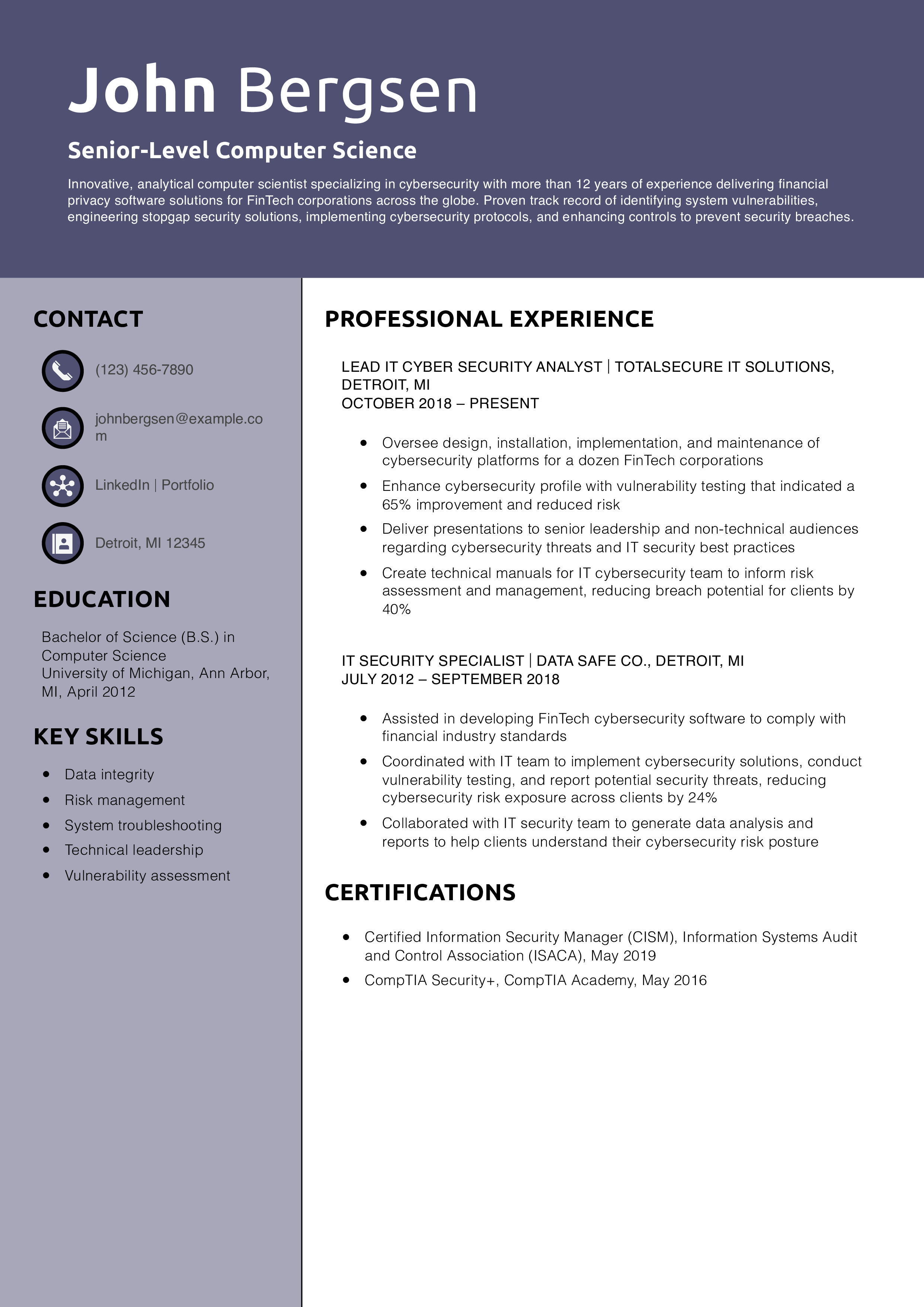 Senior-Level Computer Science Resume Example