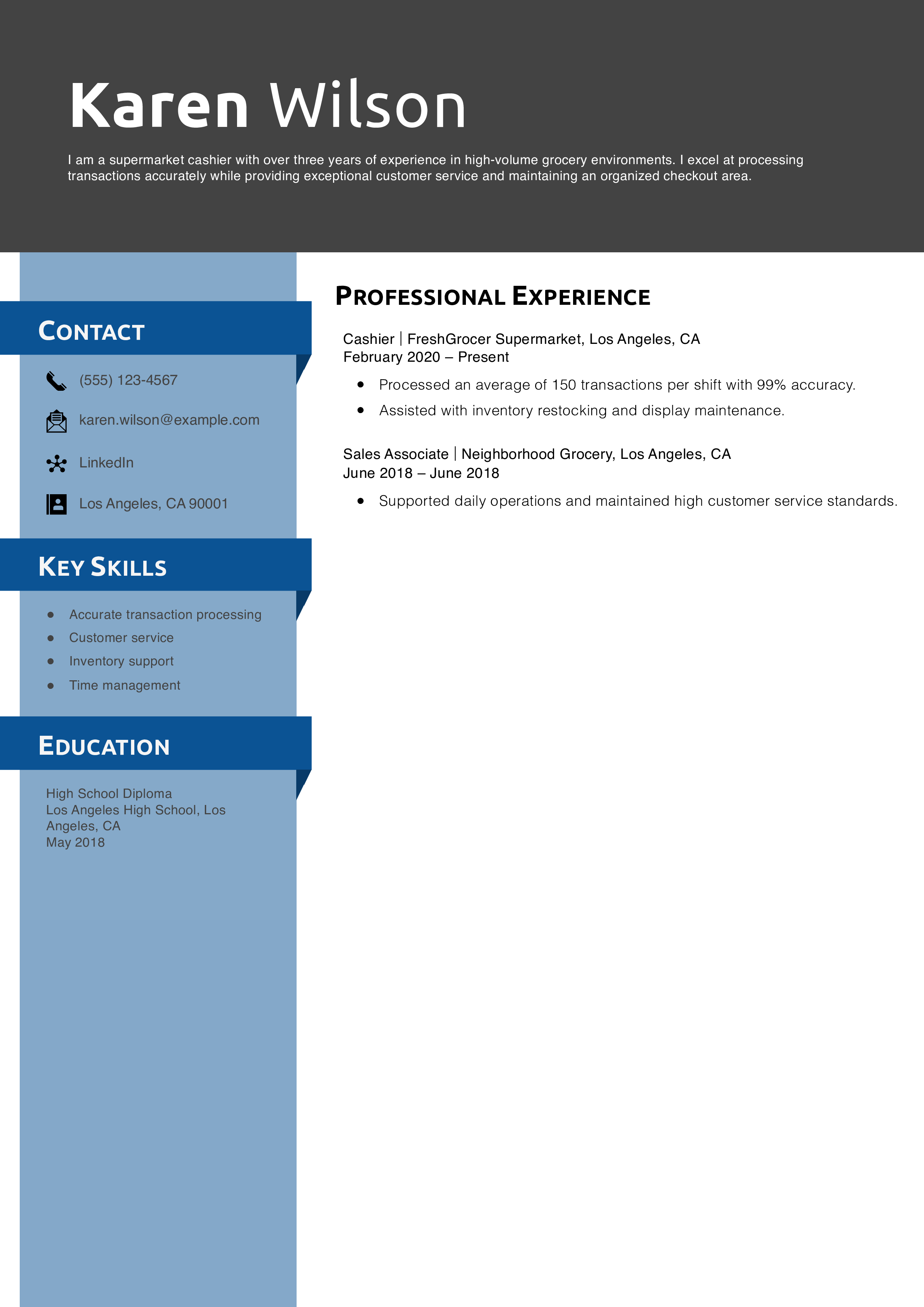 Supermarket Cashier Resume Example