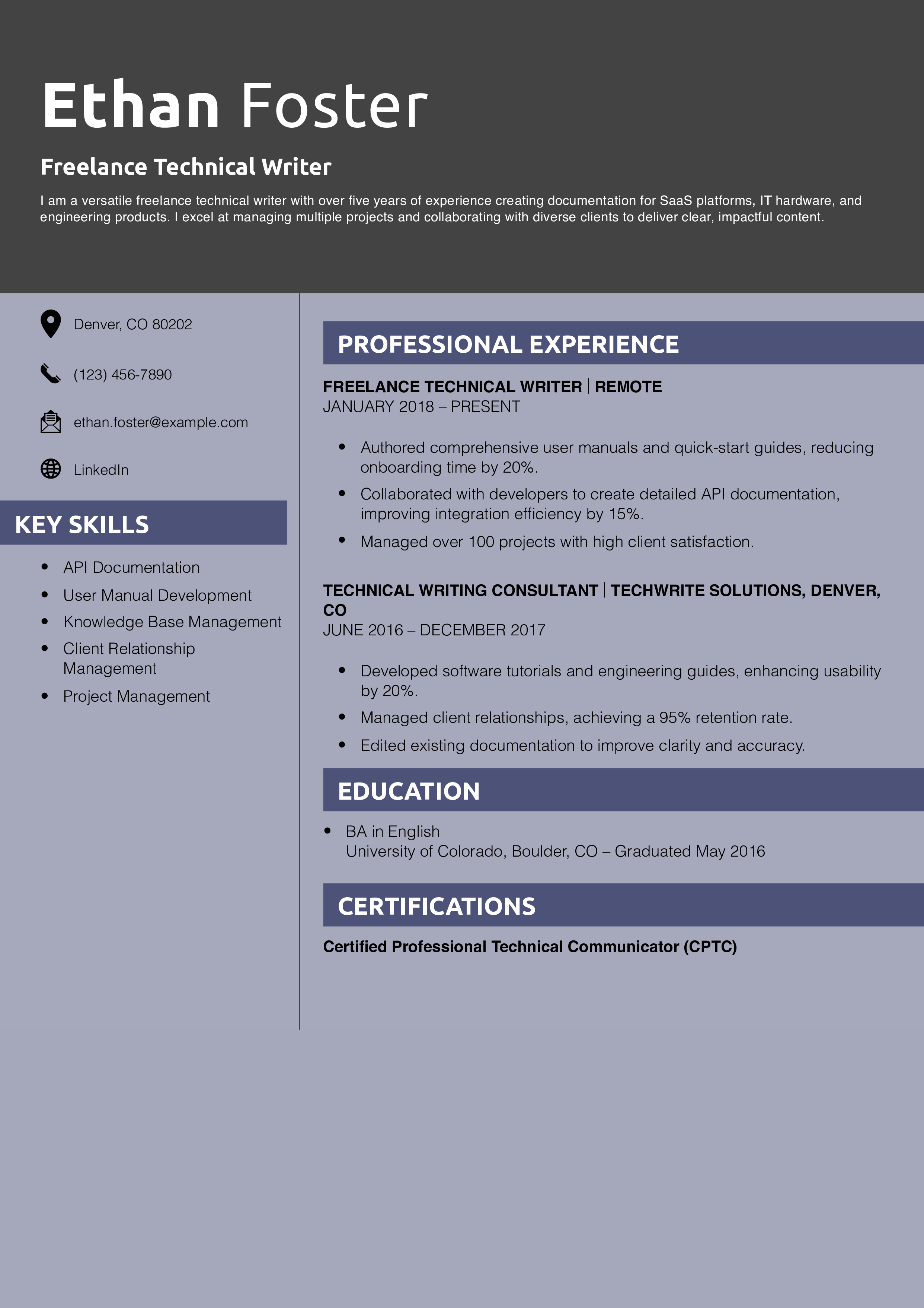 Freelance Technical Writer Resume Example