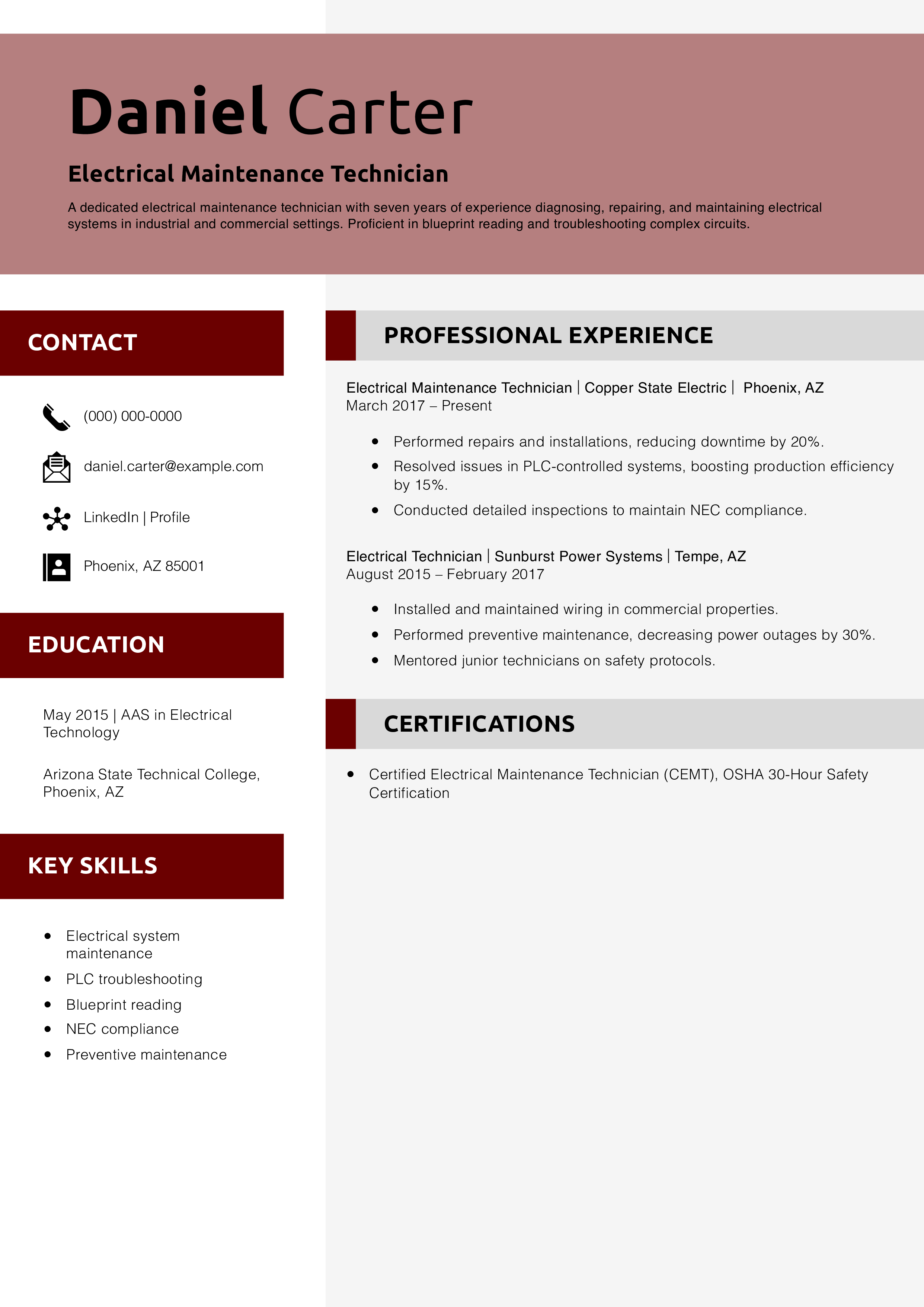 Electrical Maintenance Technician Resume Example