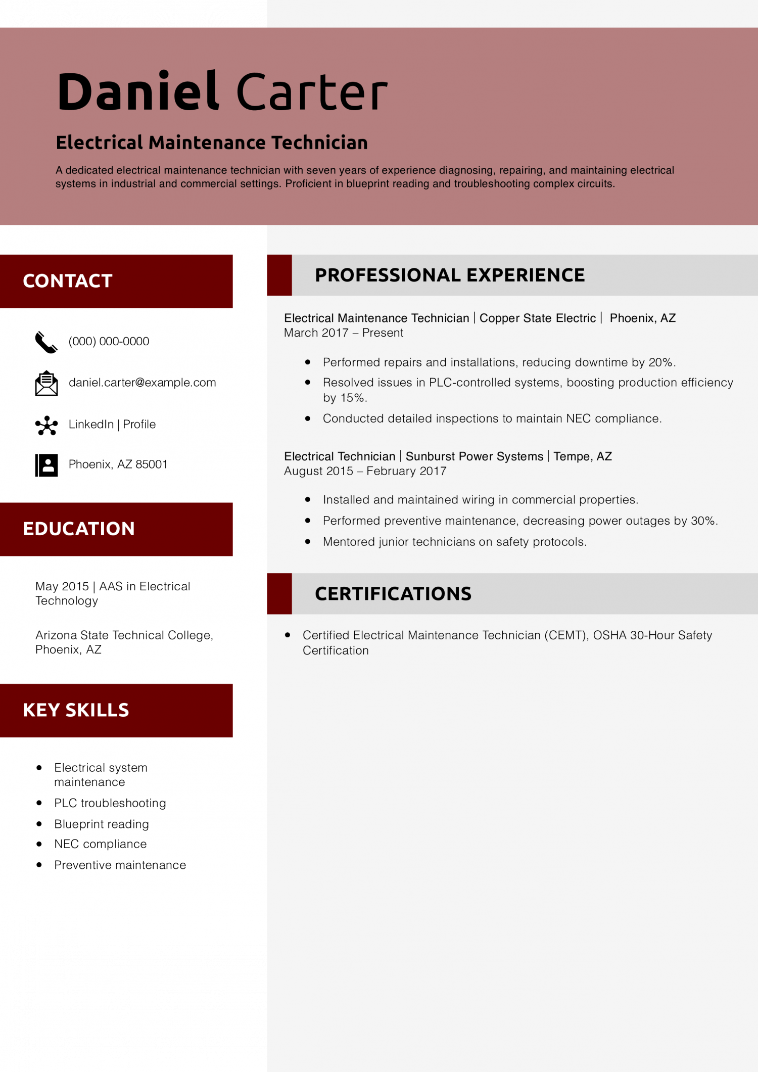 Electrical Maintenance Technician Resume Example