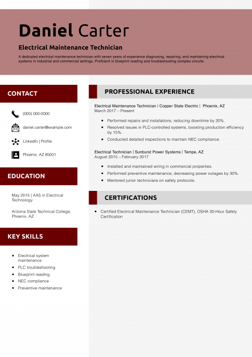 Electrical Maintenance Technician Resume Example