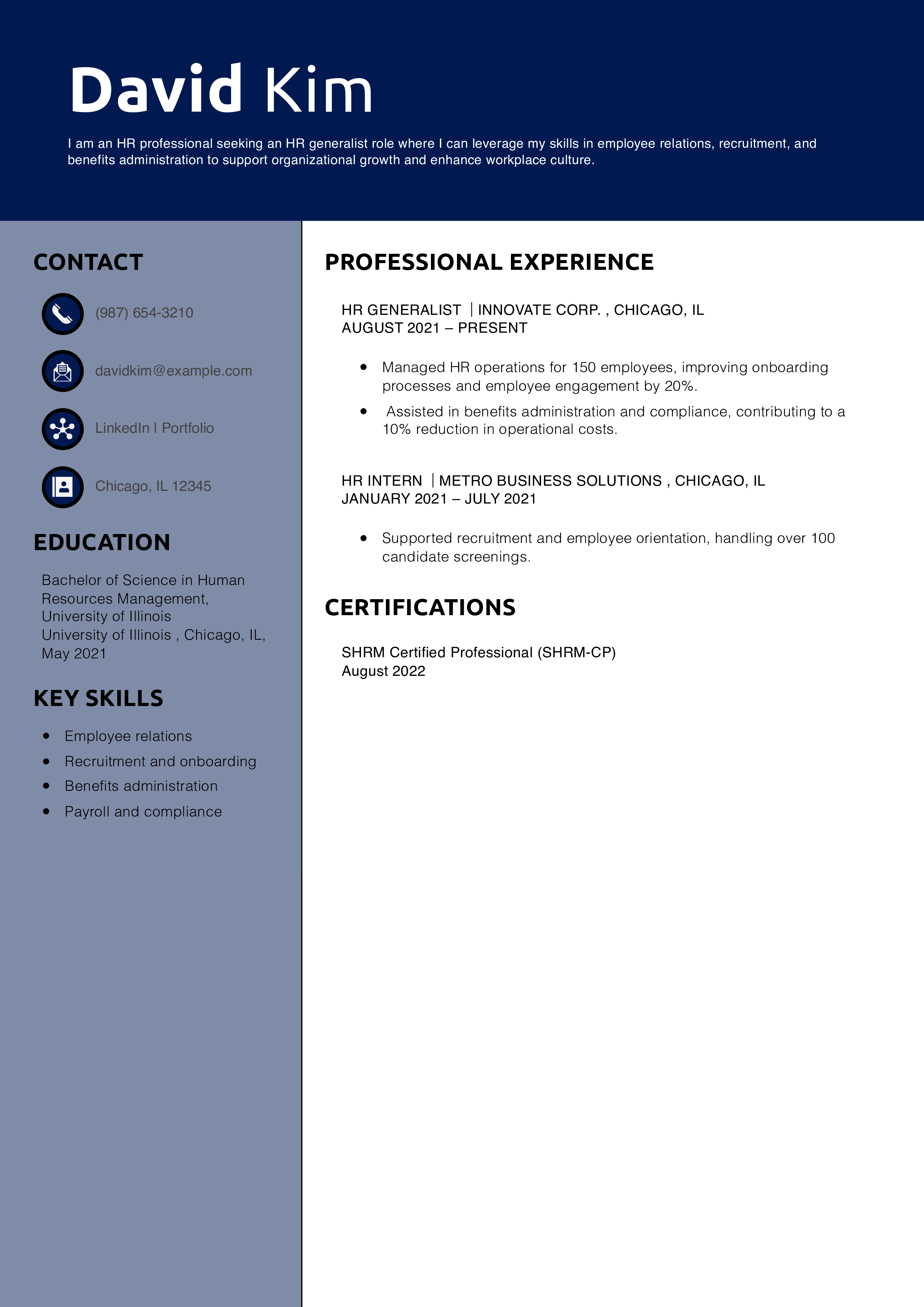 HR Generalist Mid-Size Business Resume Example