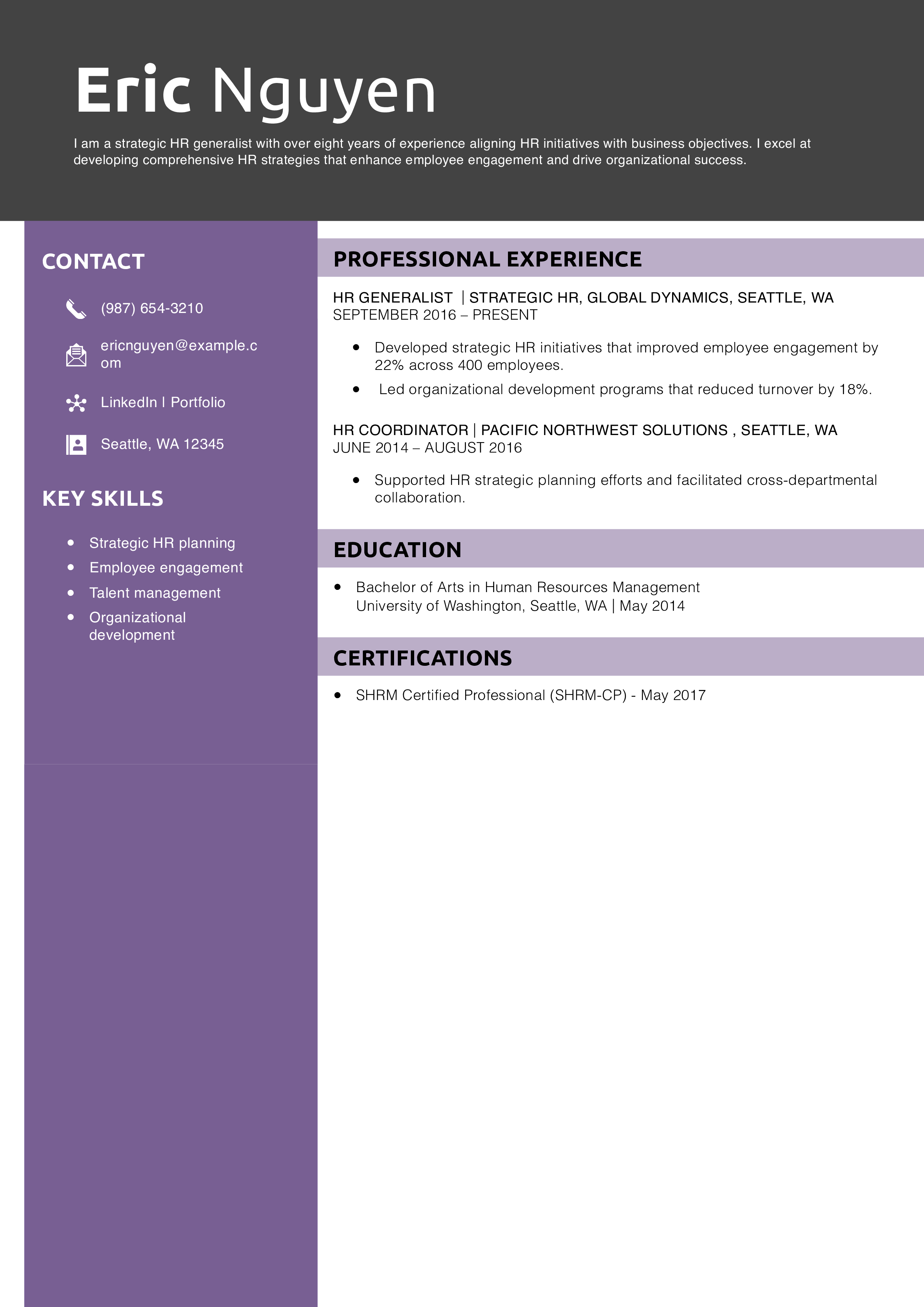HR Generalist Strategic HR Resume Example