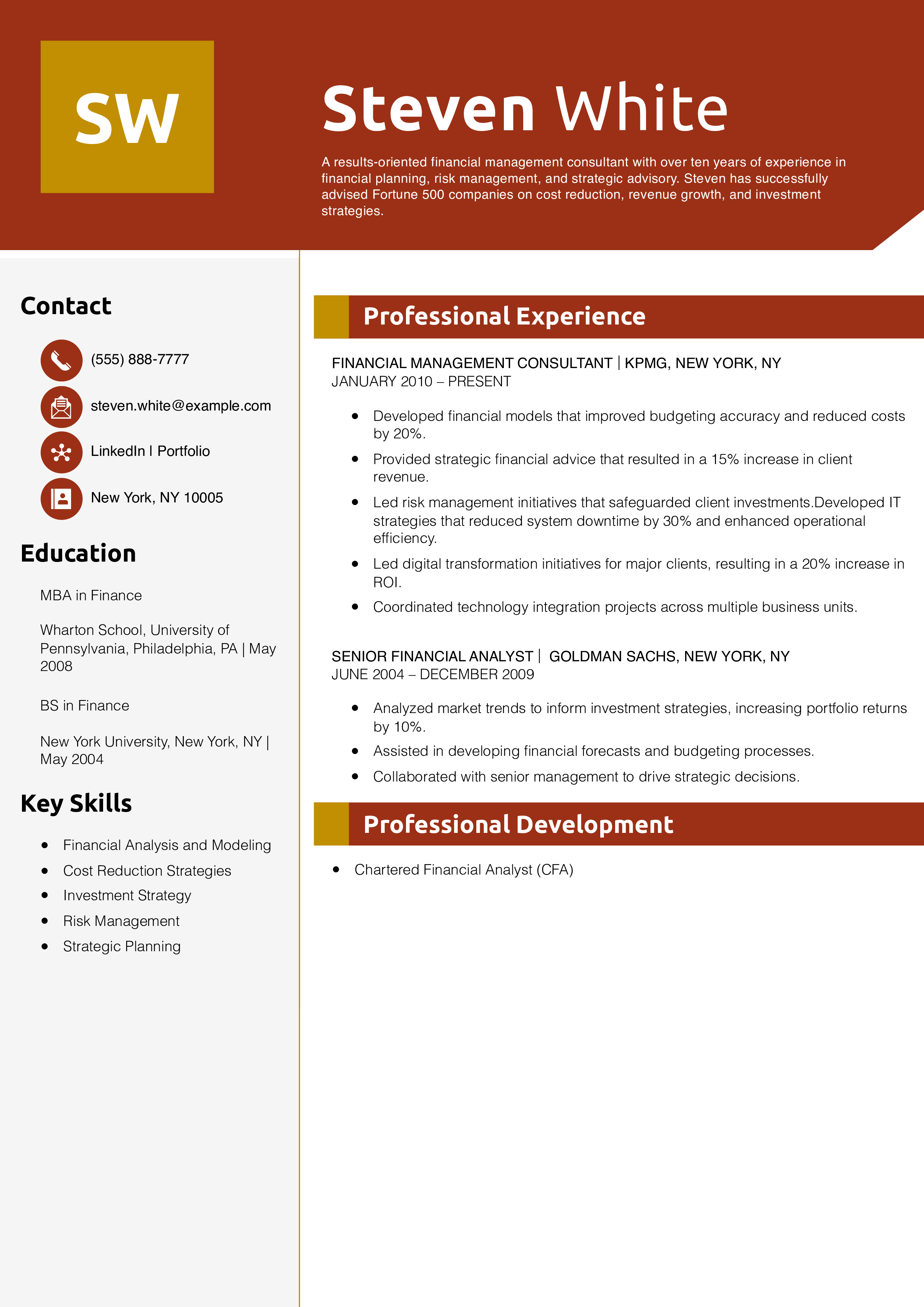 Financial Management Consultant Resume Example