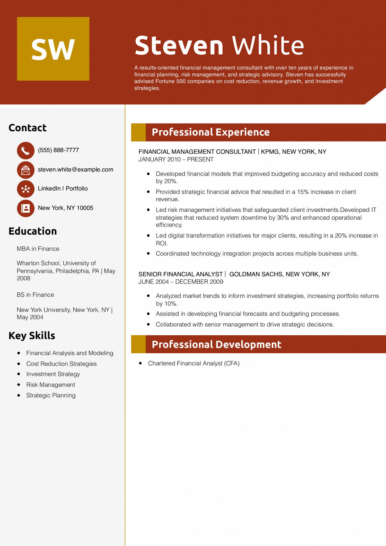 Financial Management Consultant Resume Example