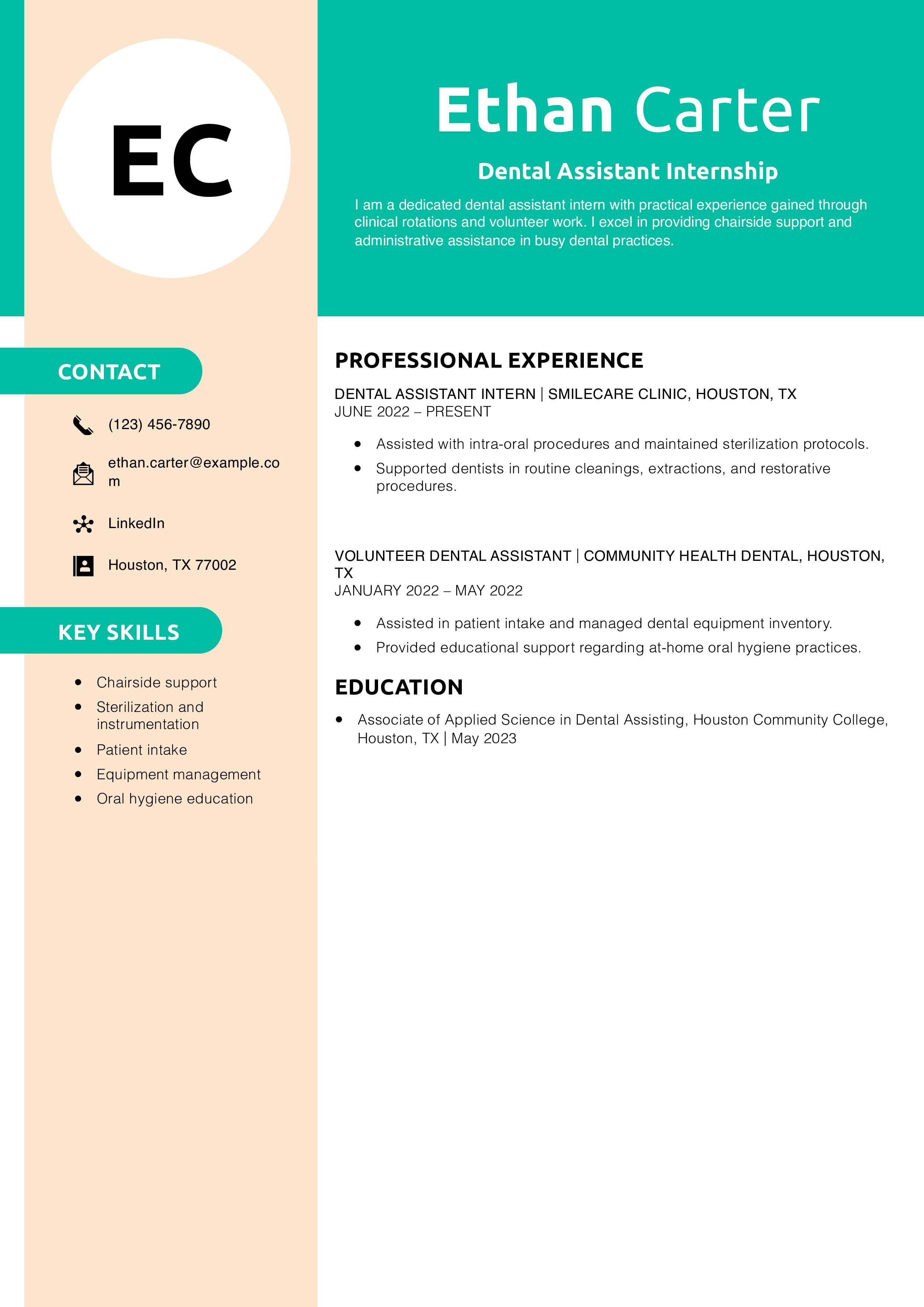 Dental Assistant Internship Resume Example
