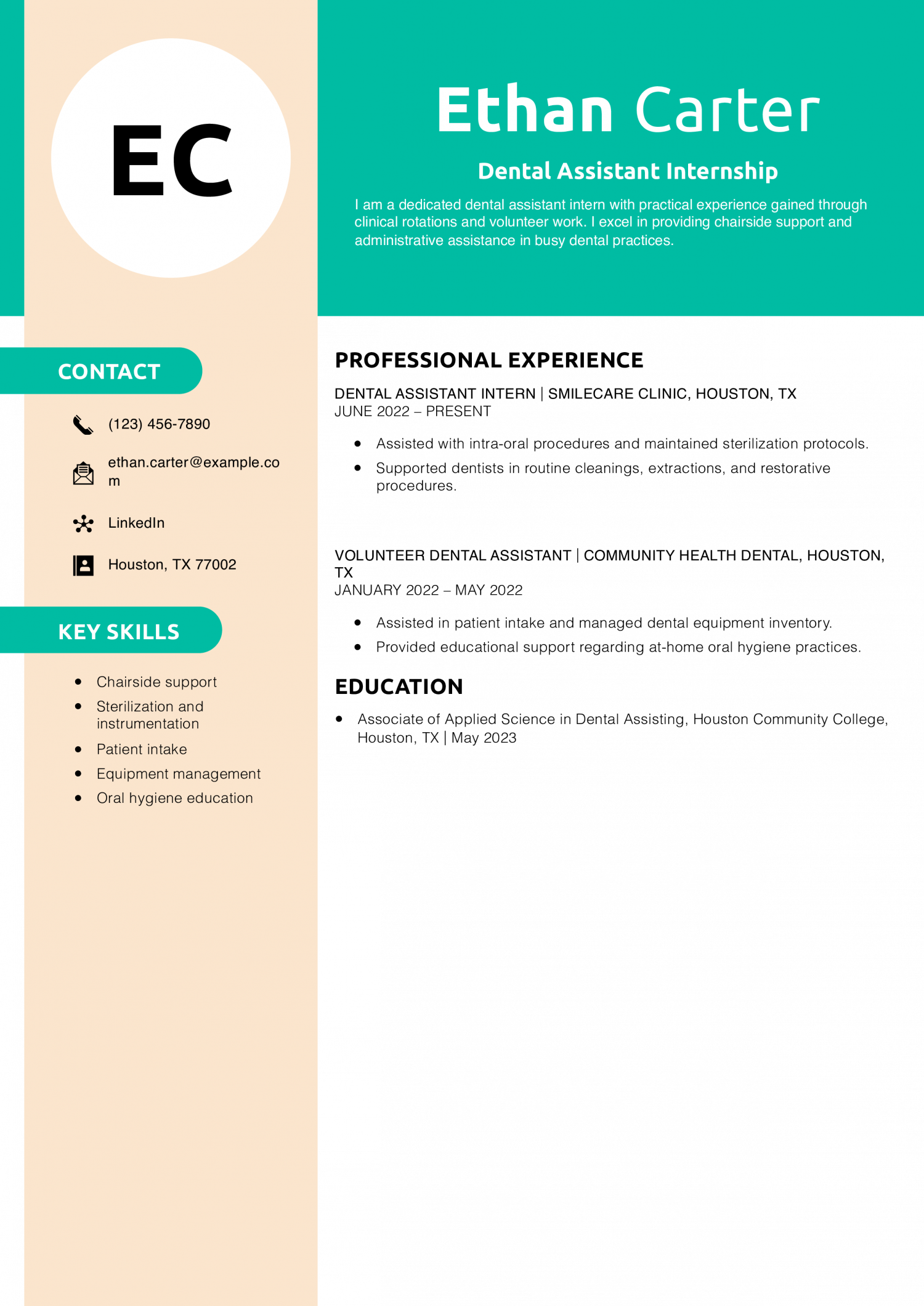 Dental Assistant Internship Resume Example