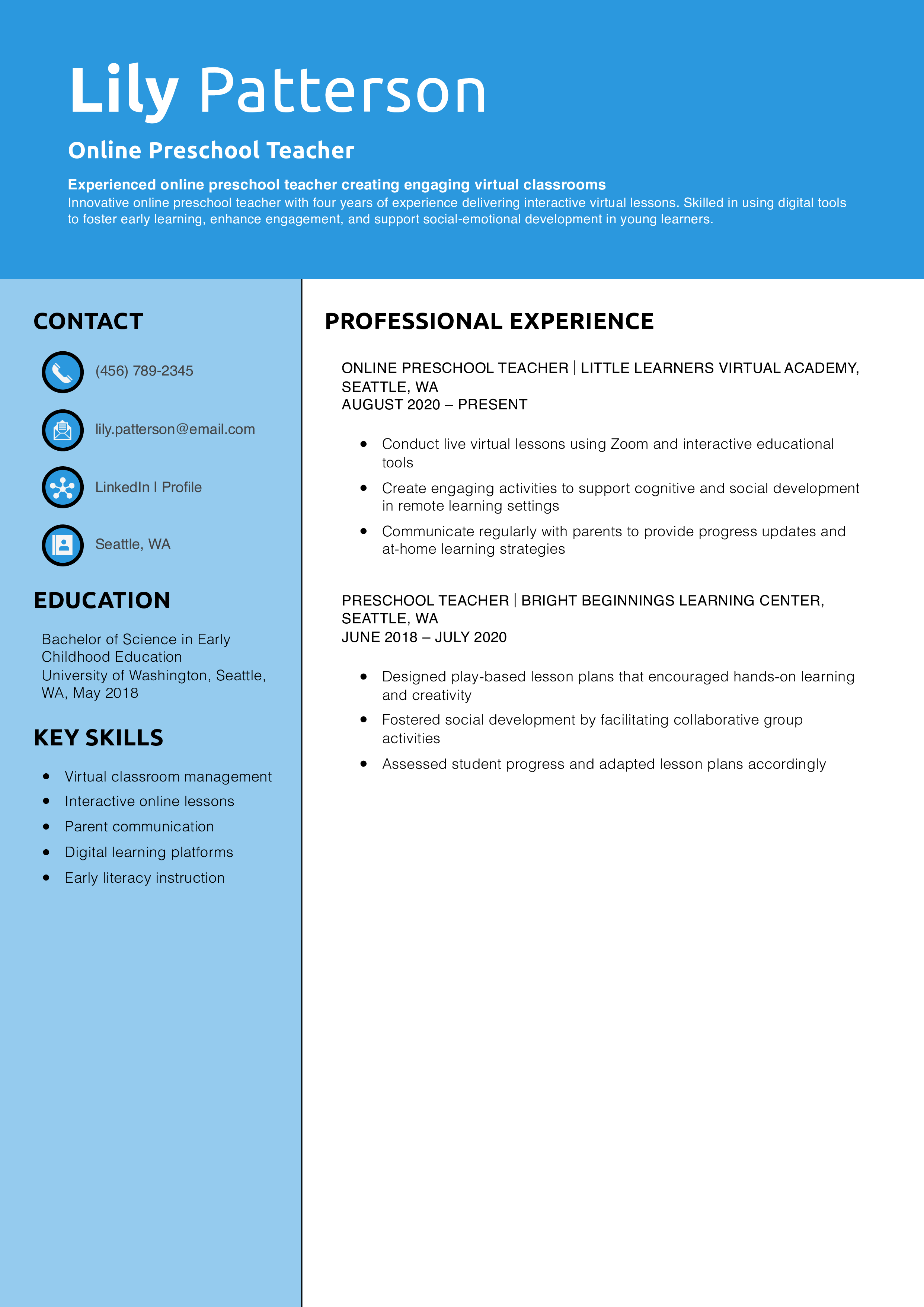 Online Preschool Teacher Resume
