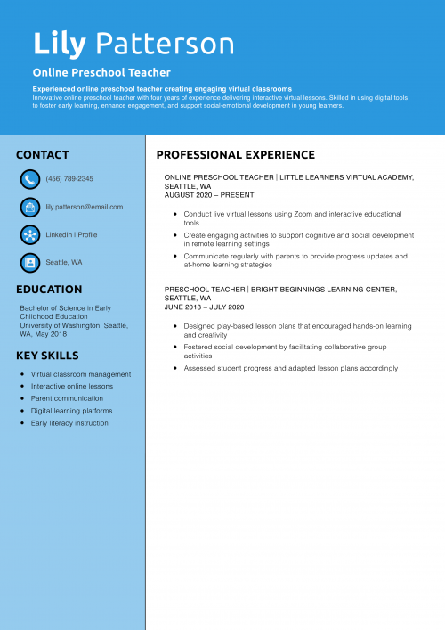 Online Preschool Teacher Resume
