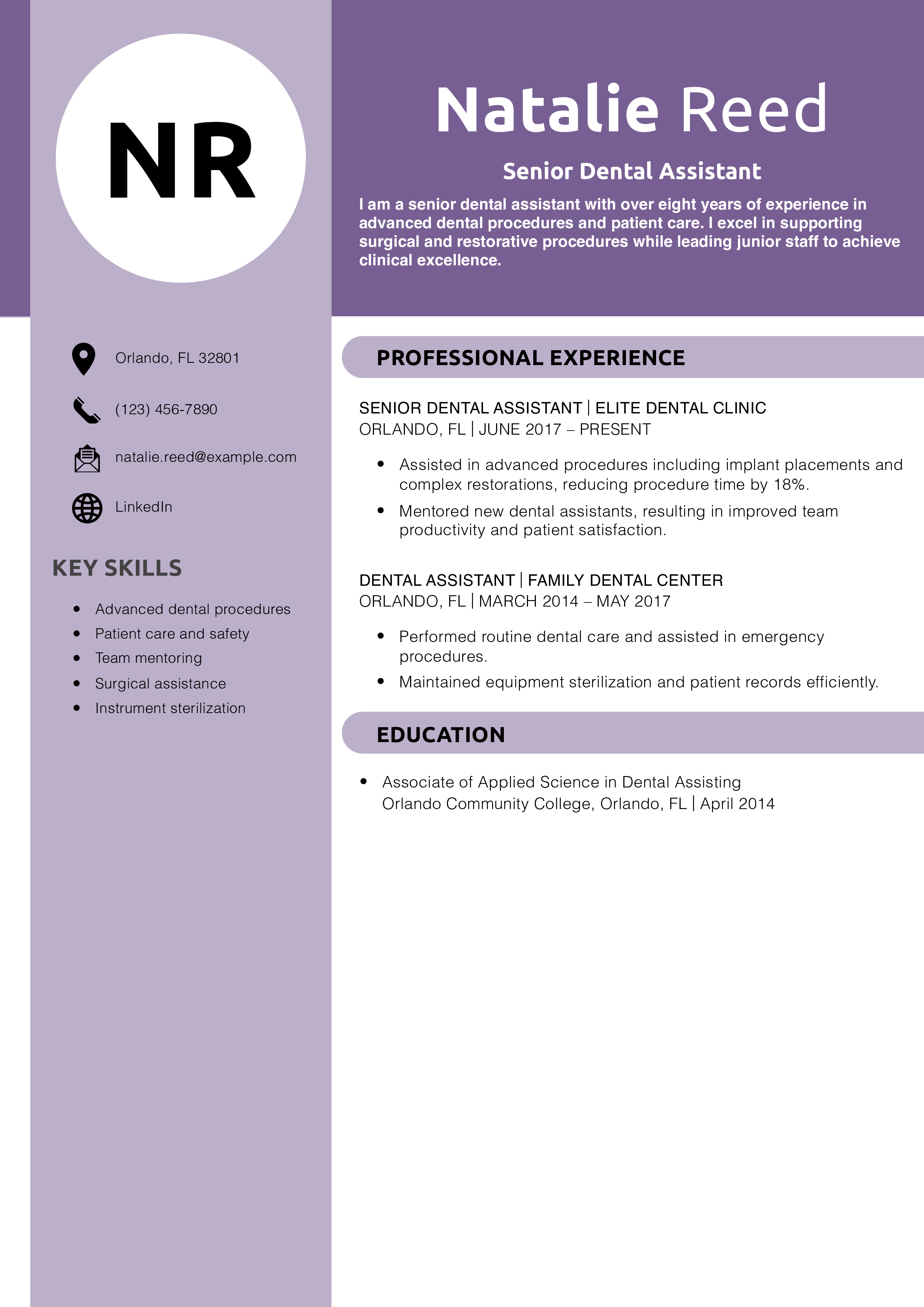 Senior Dental Assistant Resume Example