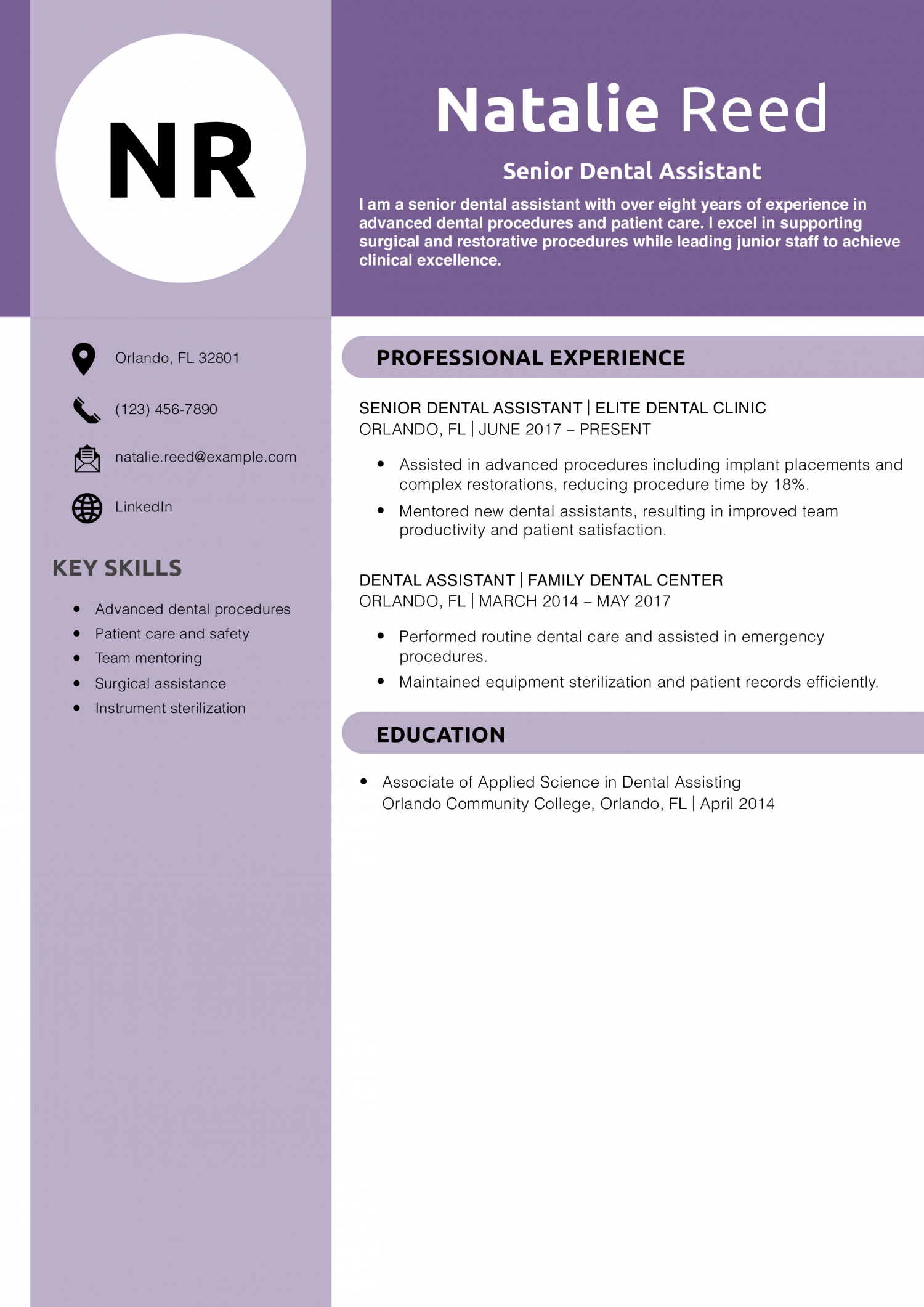 Senior Dental Assistant Resume Example