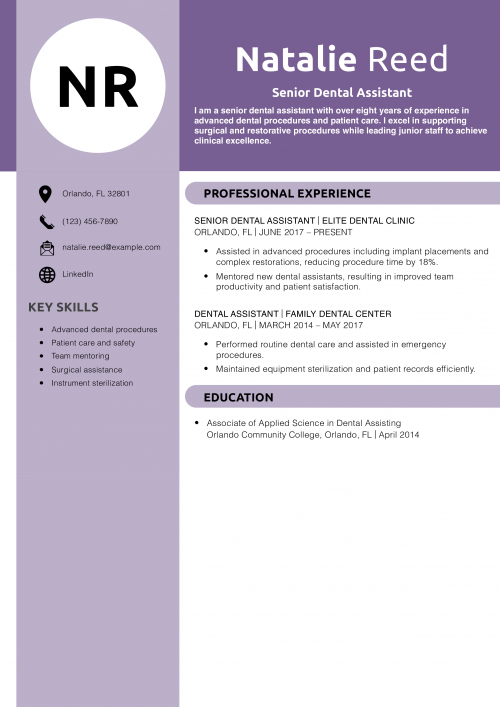 Senior Dental Assistant Resume Example