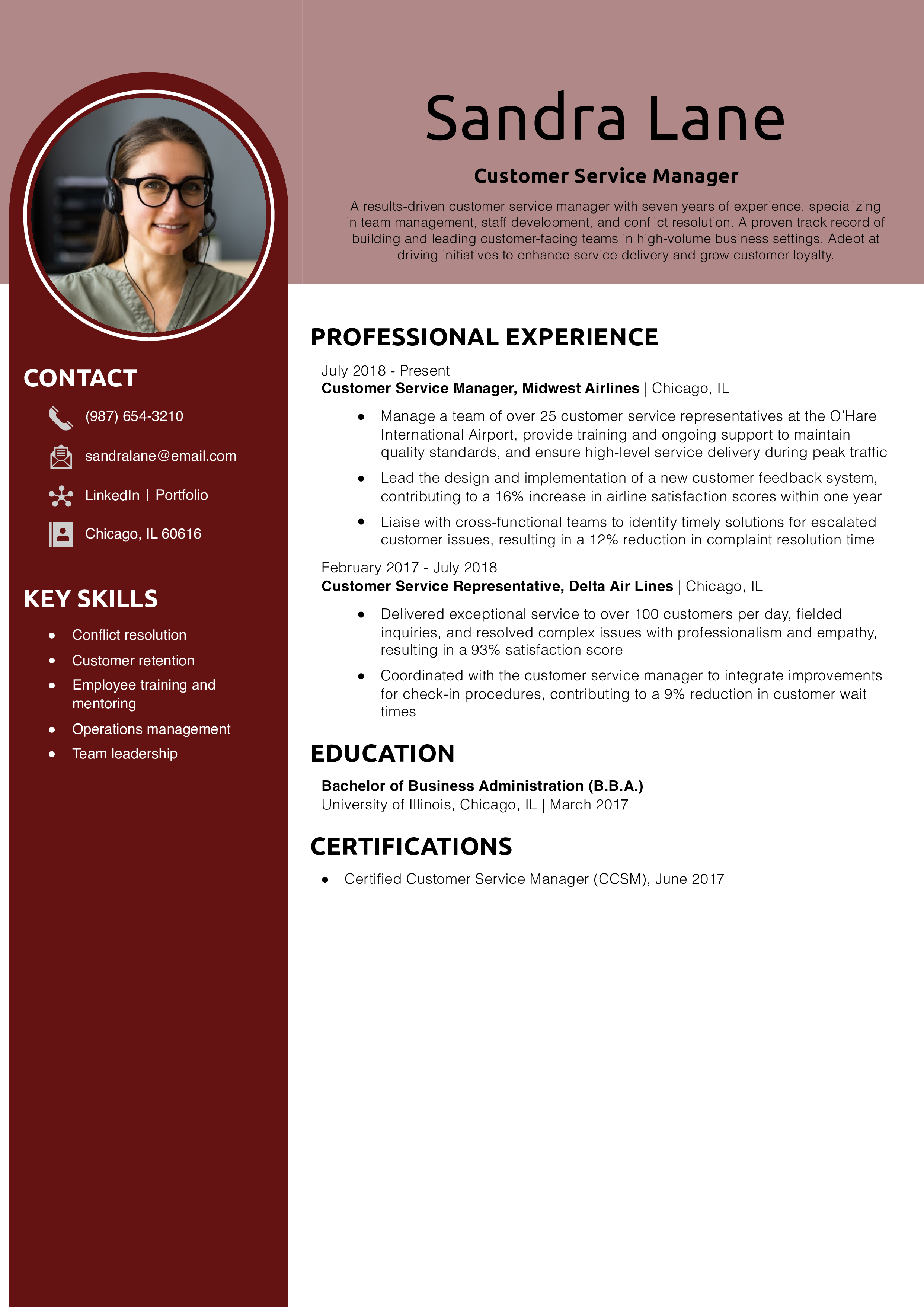 Customer Service Manager Resume Example