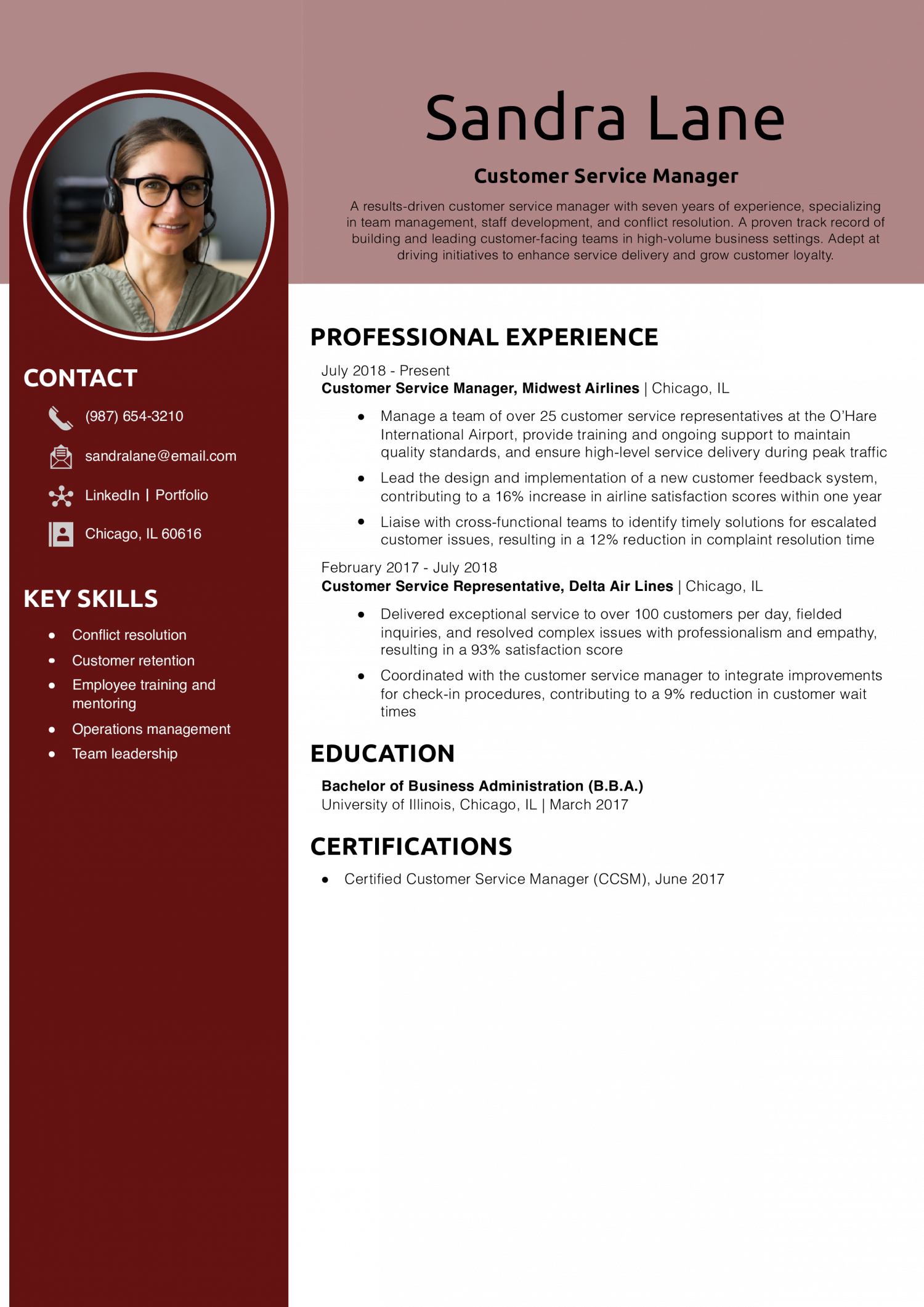 Customer Service Manager Resume Example