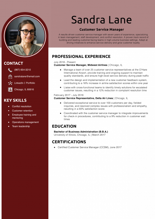 Customer Service Manager Resume Example