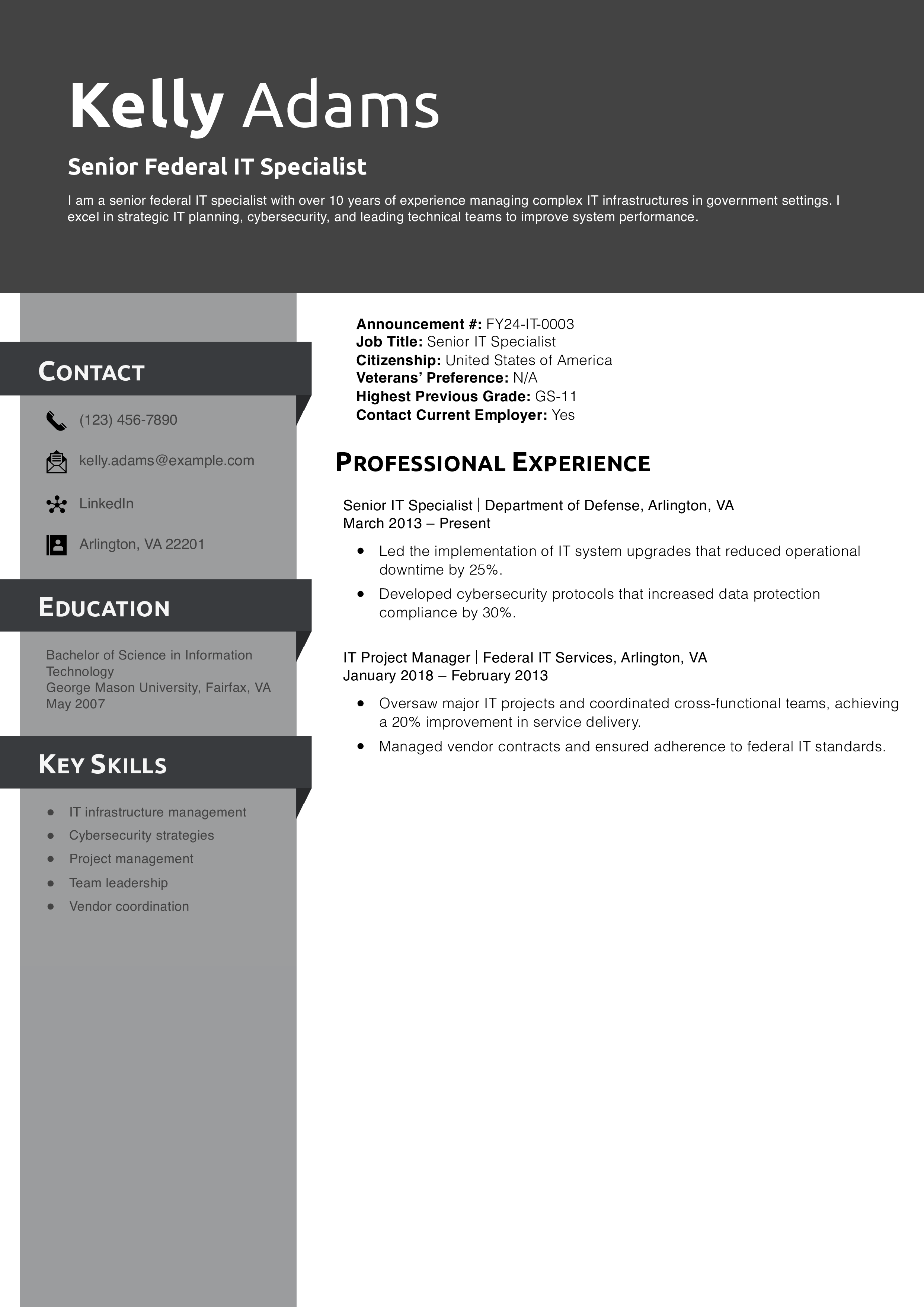Senior Federal IT Specialist Resume Example