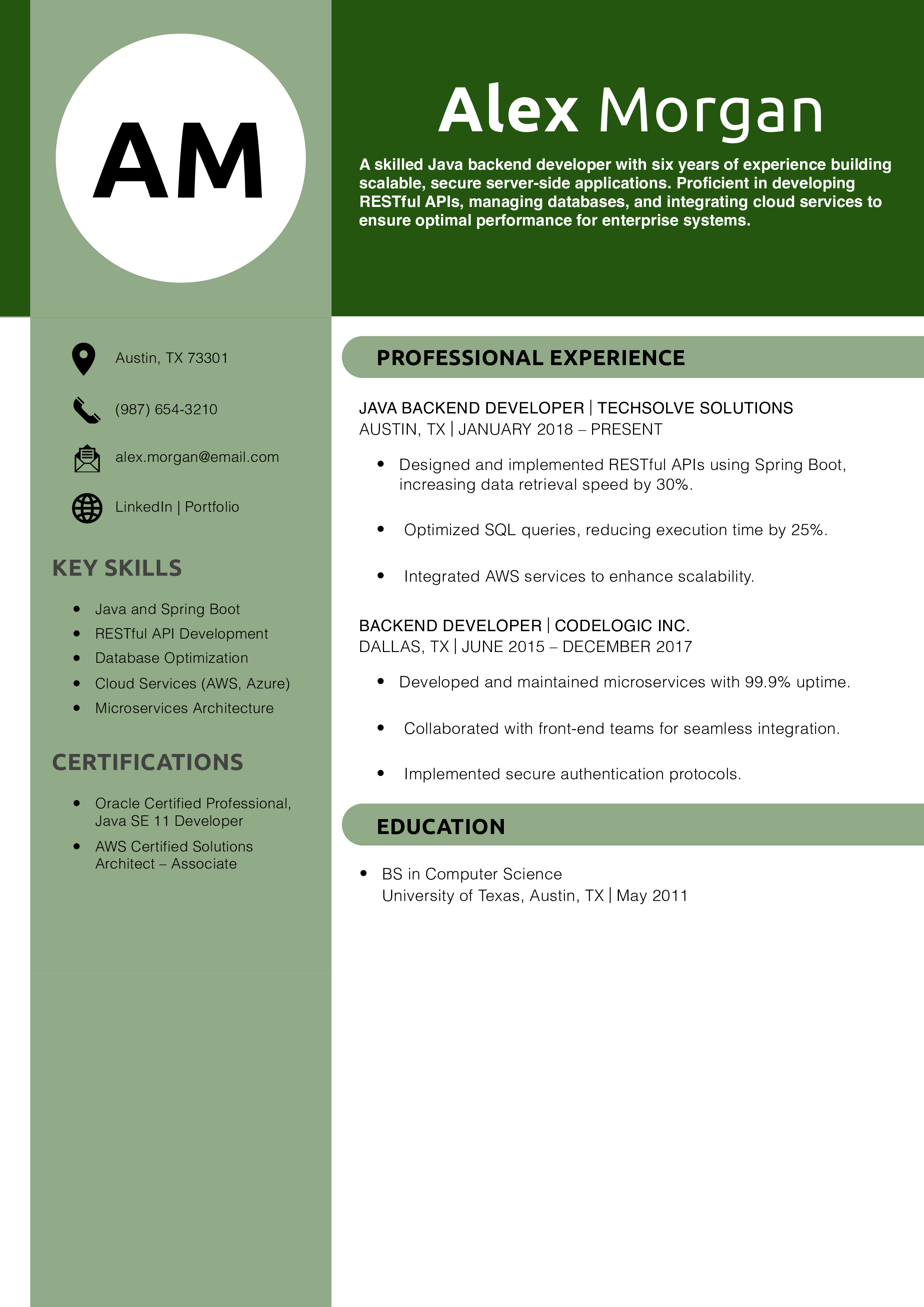 Java Backend Developer Resume Example