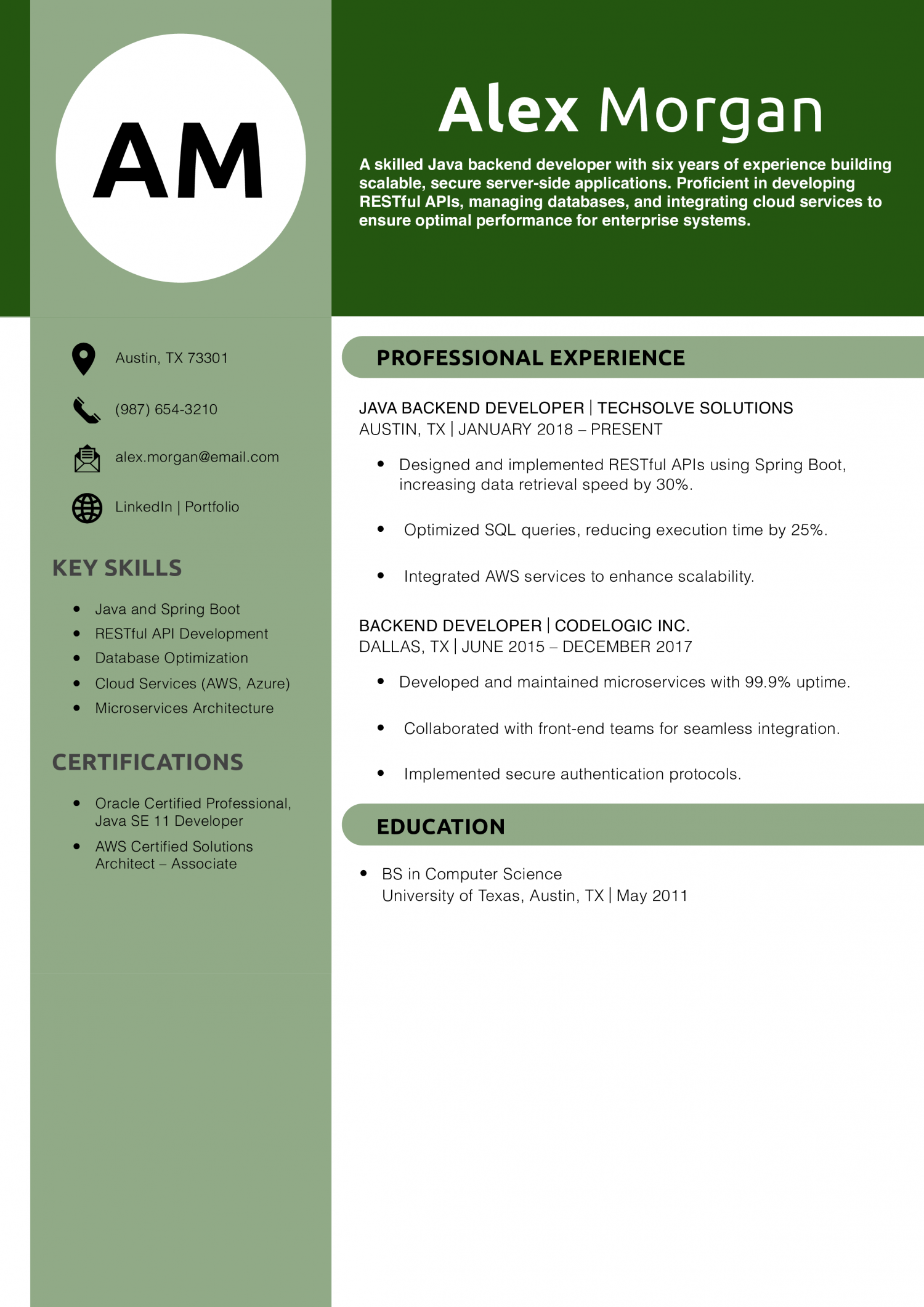 Java Backend Developer Resume Example