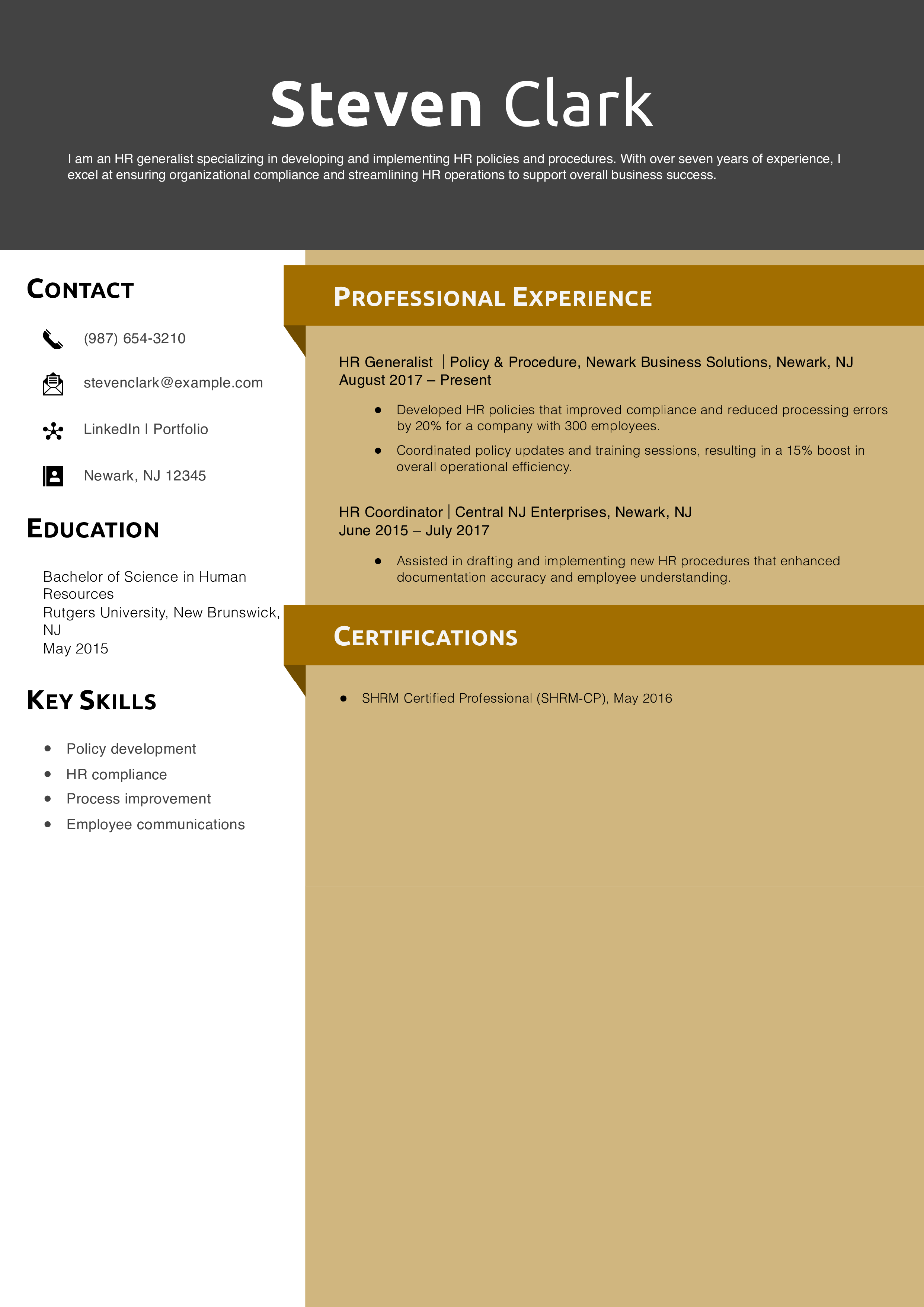 HR Generalist Policy & Procedure Resume Example