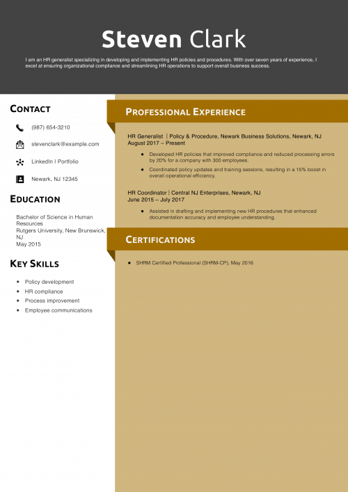 HR Generalist Policy & Procedure Resume Example
