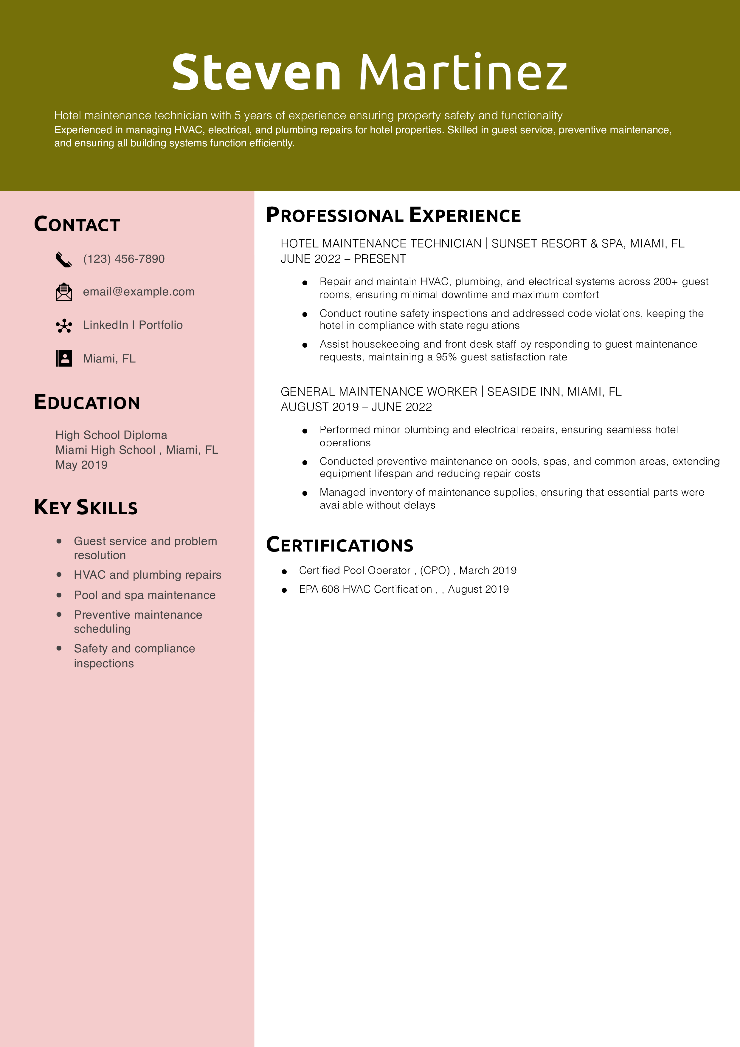Hotel Maintenance Technician Resume Example