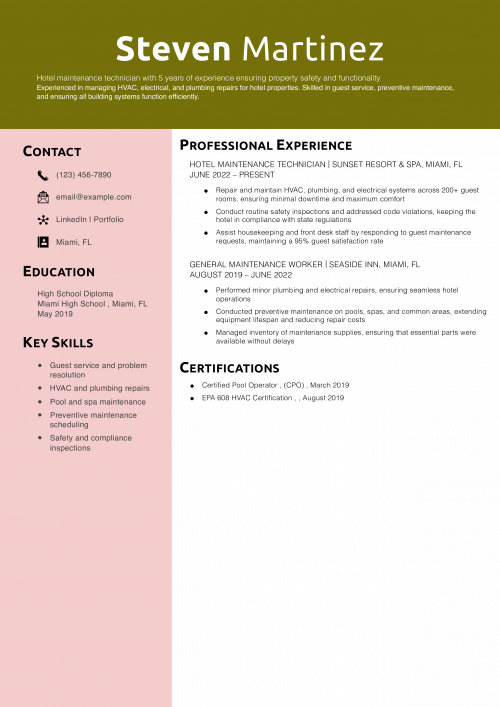 Hotel Maintenance Technician Resume Example