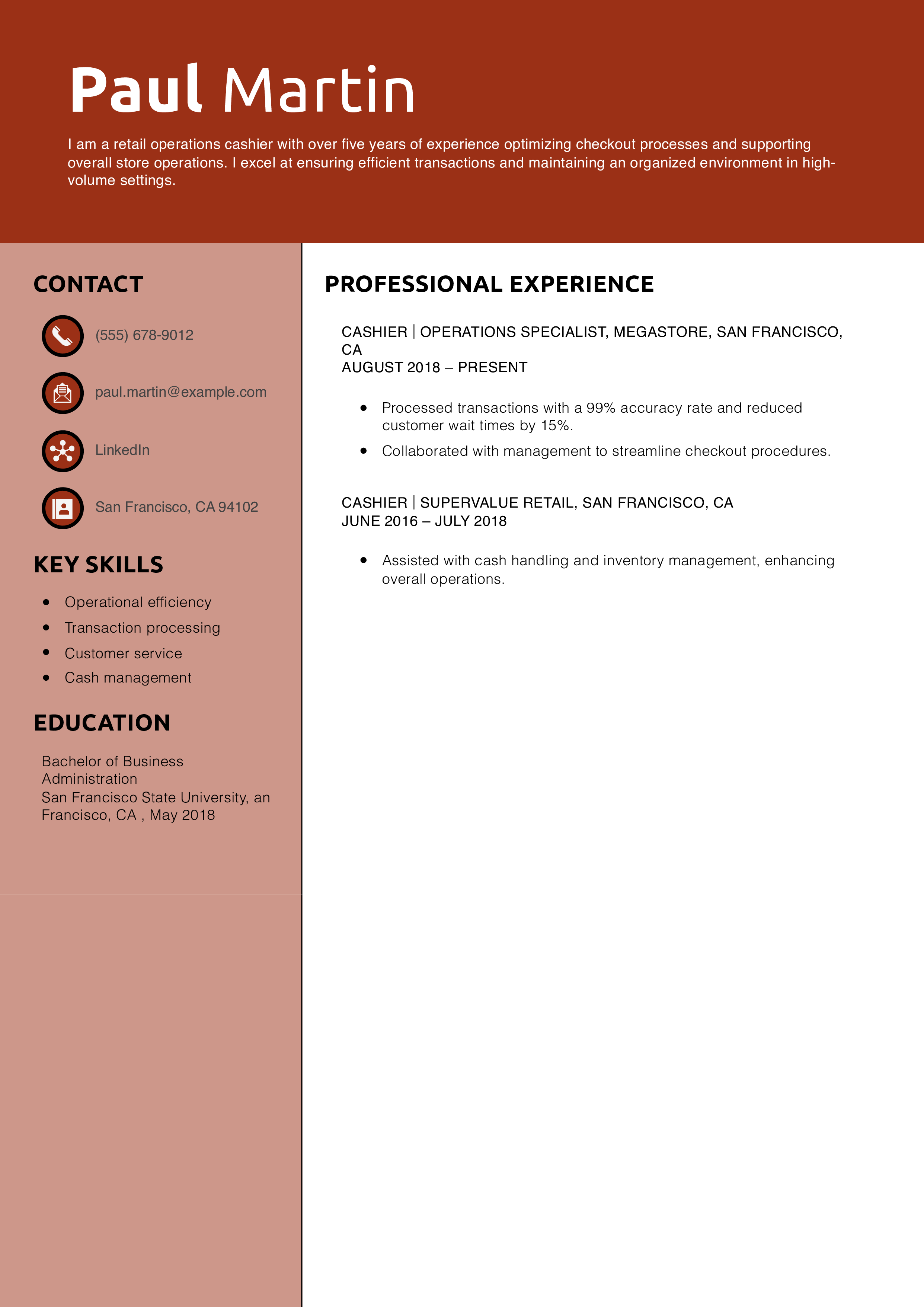 Retail Operations Cashier Resume Example