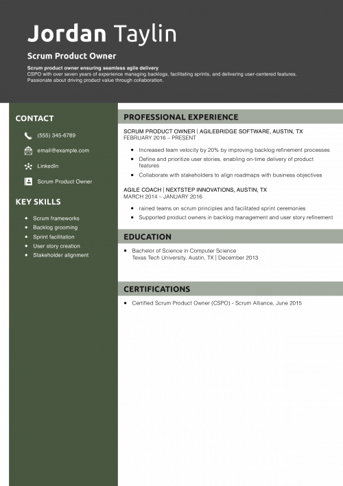 Scrum Product Owner Resume