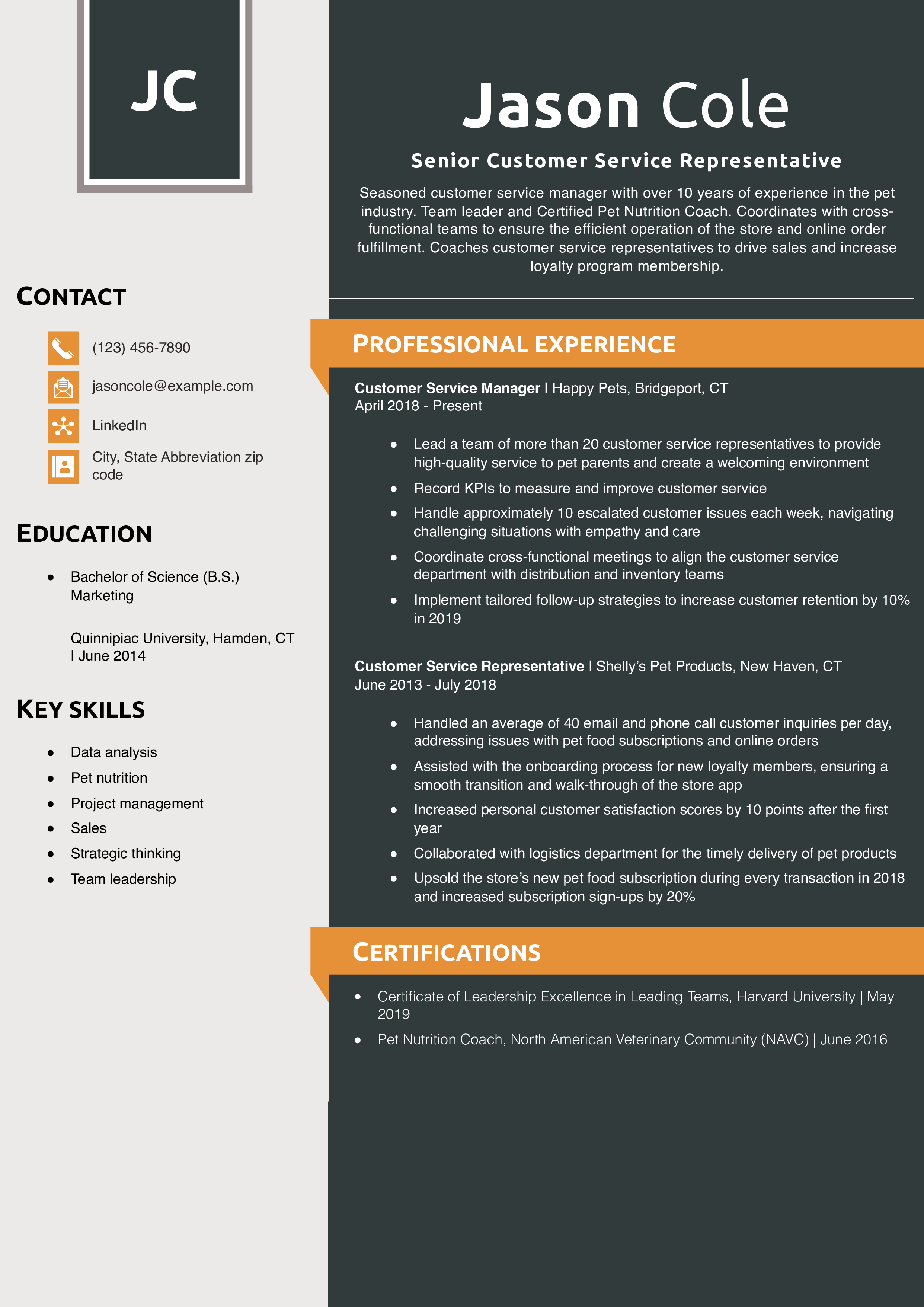 Senior Customer Service Representative Resume Example