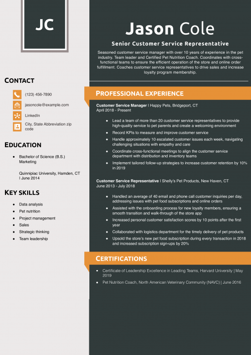 Senior Customer Service Representative Resume Example